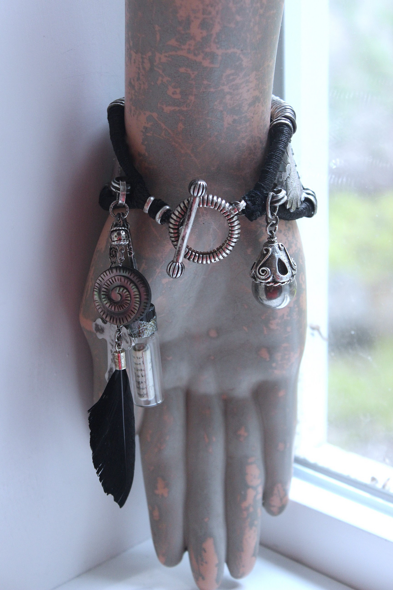 NEW! How to Fly Bracelet with Old Sterling Cuff, Sterling Cross, Raven Wing,Glass Quote Vessel & Sterling Capped Bead