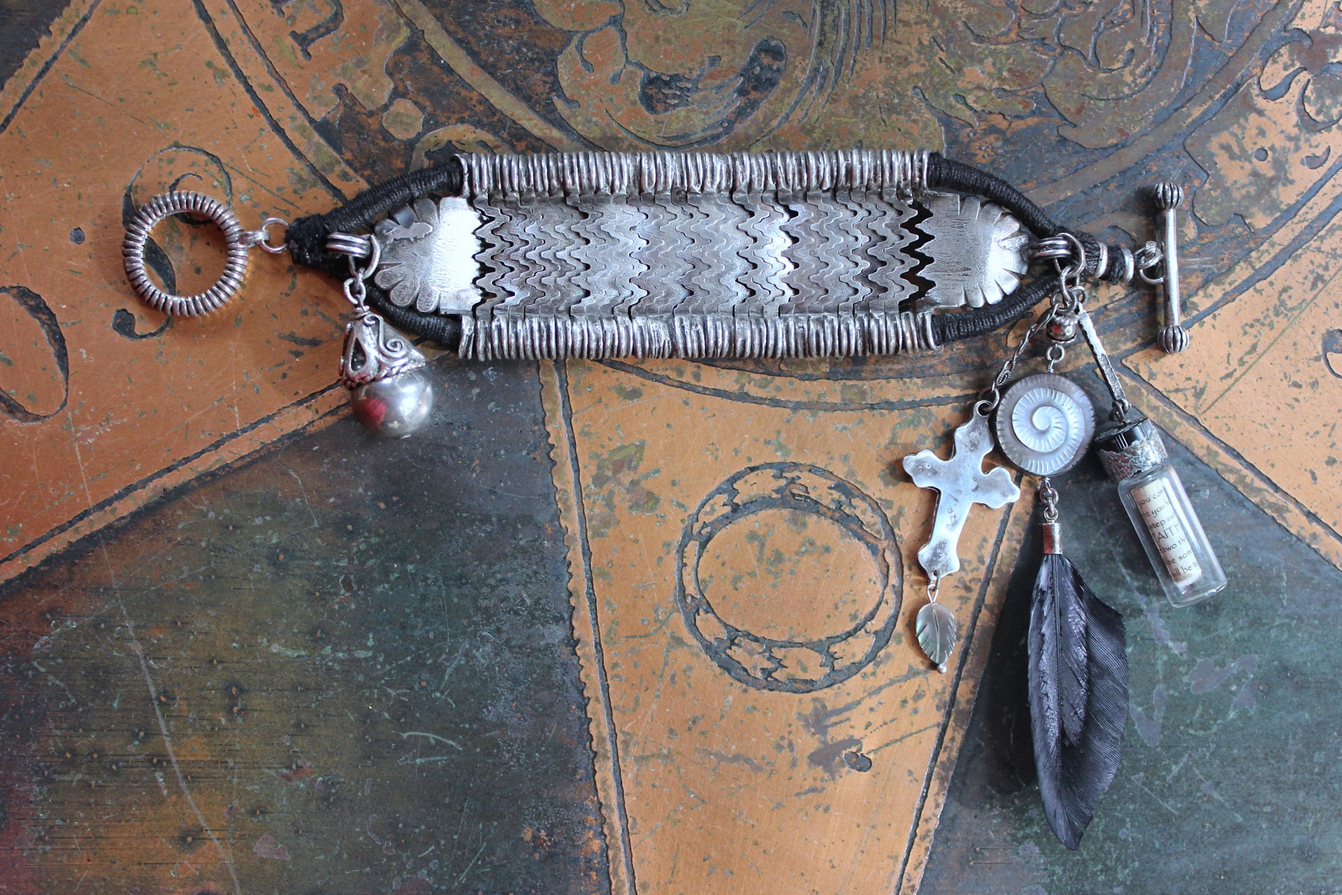 NEW! How to Fly Bracelet with Old Sterling Cuff, Sterling Cross, Raven Wing,Glass Quote Vessel & Sterling Capped Bead