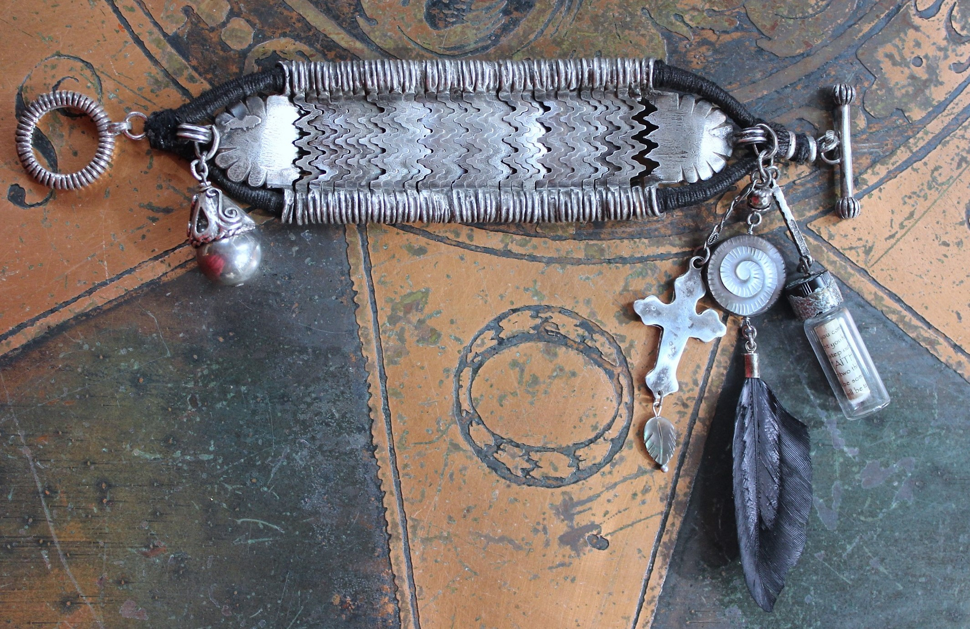 NEW! How to Fly Bracelet with Old Sterling Cuff, Sterling Cross, Raven Wing,Glass Quote Vessel & Sterling Capped Bead