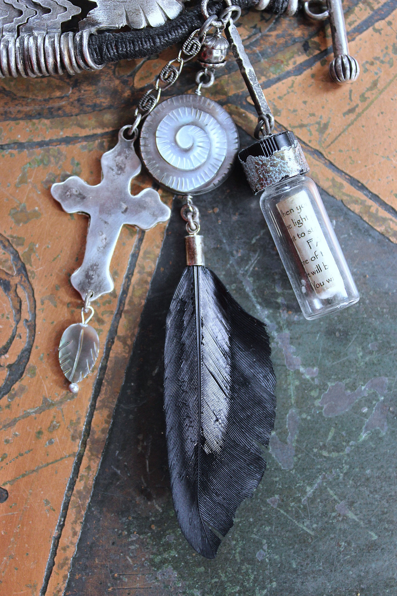 NEW! How to Fly Bracelet with Old Sterling Cuff, Sterling Cross, Raven Wing,Glass Quote Vessel & Sterling Capped Bead