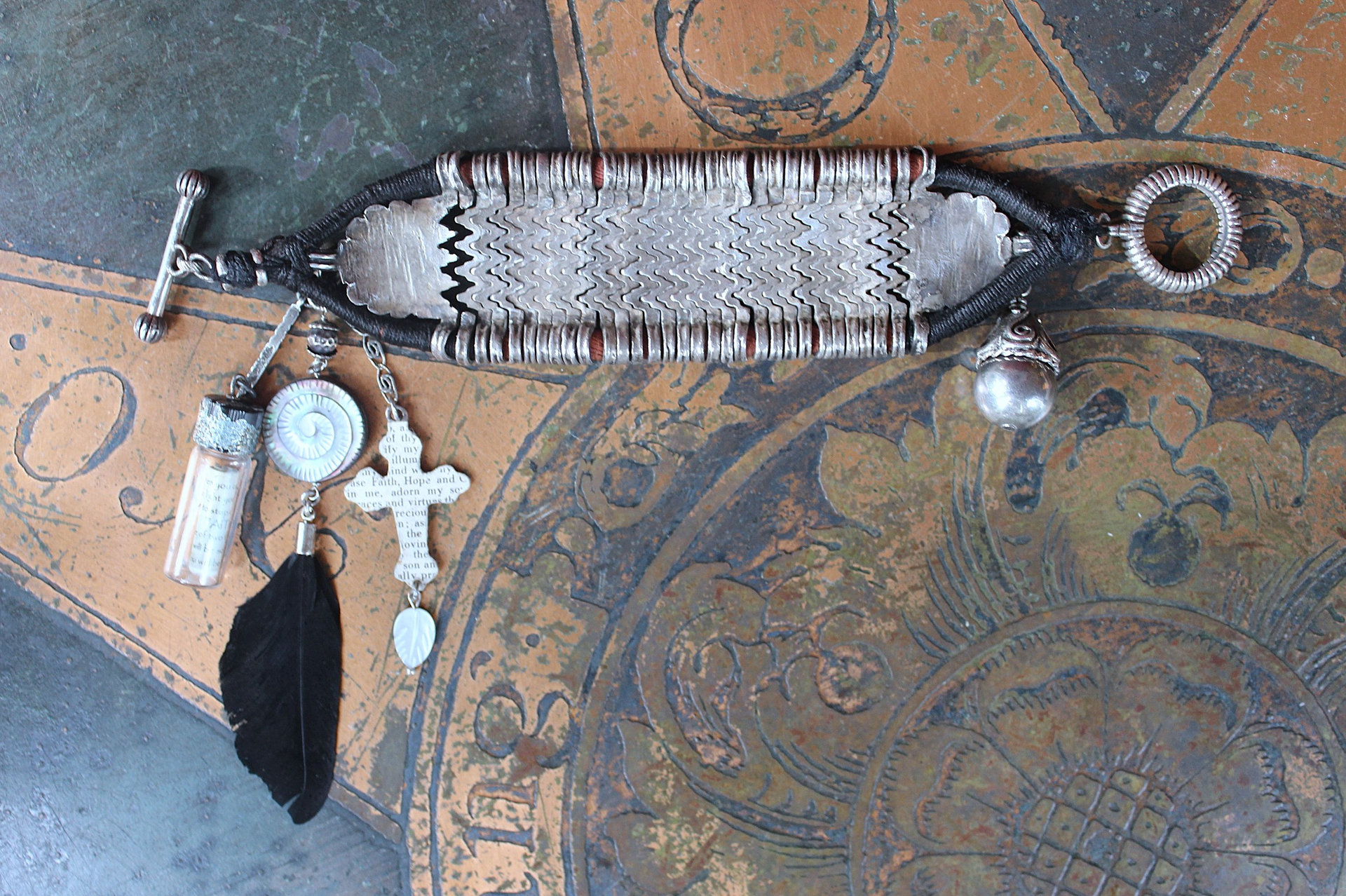 NEW! How to Fly Bracelet with Old Sterling Cuff, Sterling Cross, Raven Wing,Glass Quote Vessel & Sterling Capped Bead