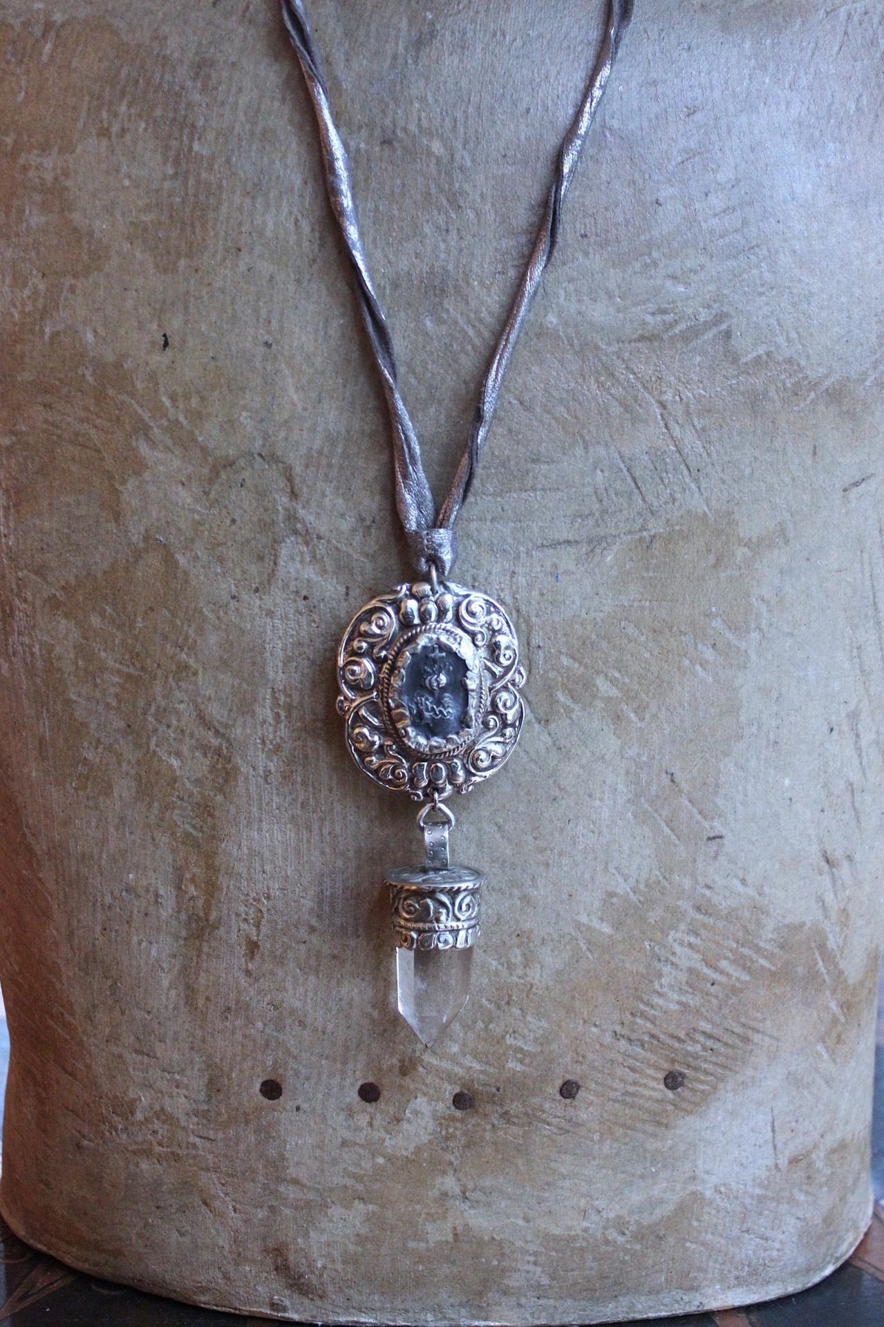NEW! Unique Flaming Sacred Heart & Clear Rock Quartz Point Necklace with Silver Distressed Leather Ties