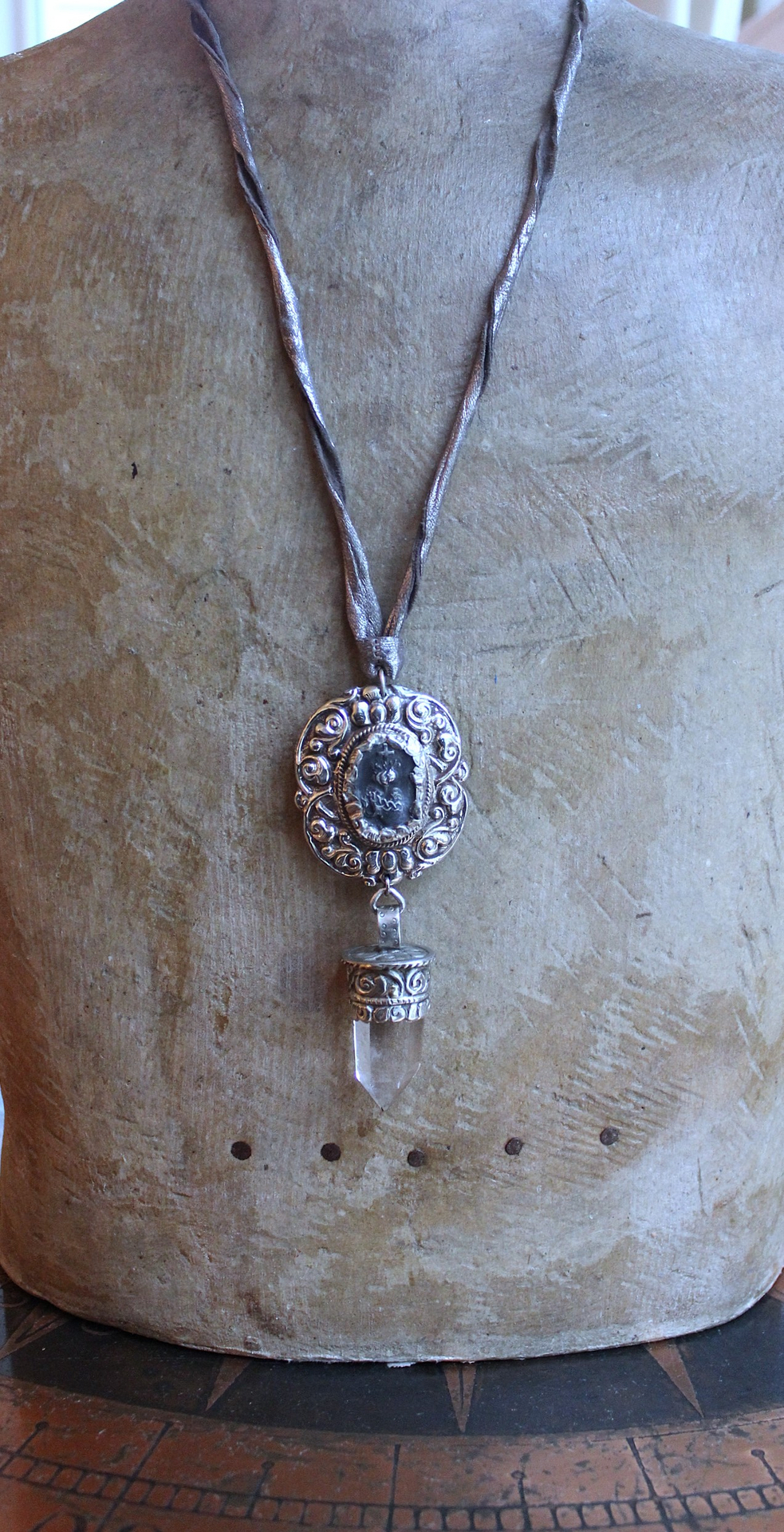 NEW! Unique Flaming Sacred Heart & Clear Rock Quartz Point Necklace with Silver Distressed Leather Ties