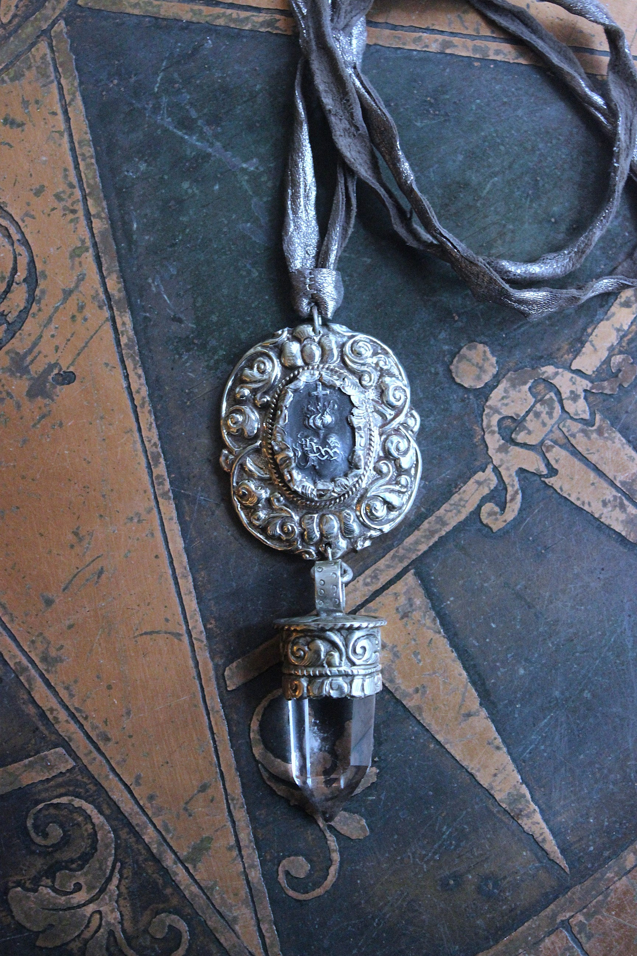 NEW! Unique Flaming Sacred Heart & Clear Rock Quartz Point Necklace with Silver Distressed Leather Ties