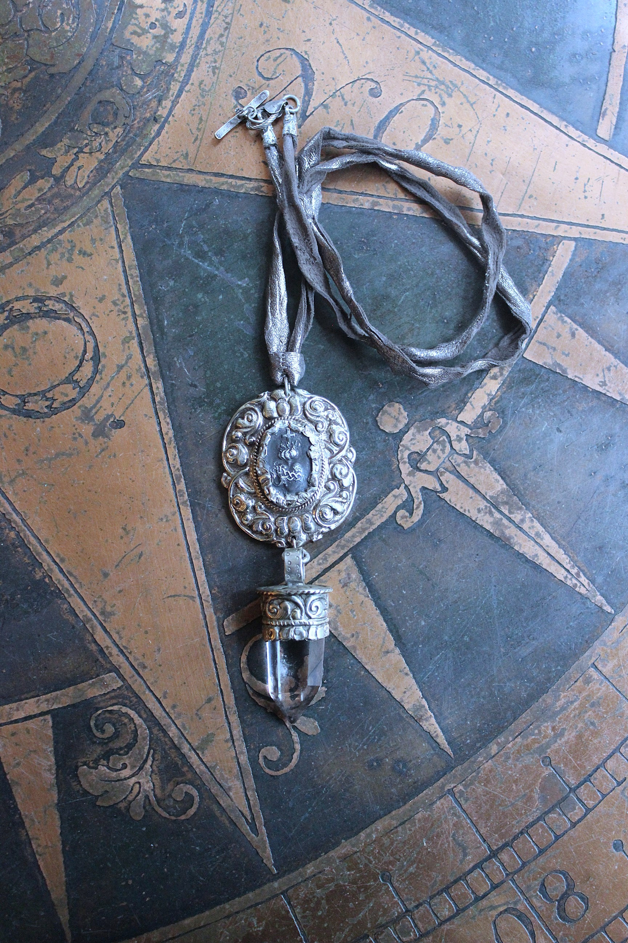 NEW! Unique Flaming Sacred Heart & Clear Rock Quartz Point Necklace with Silver Distressed Leather Ties