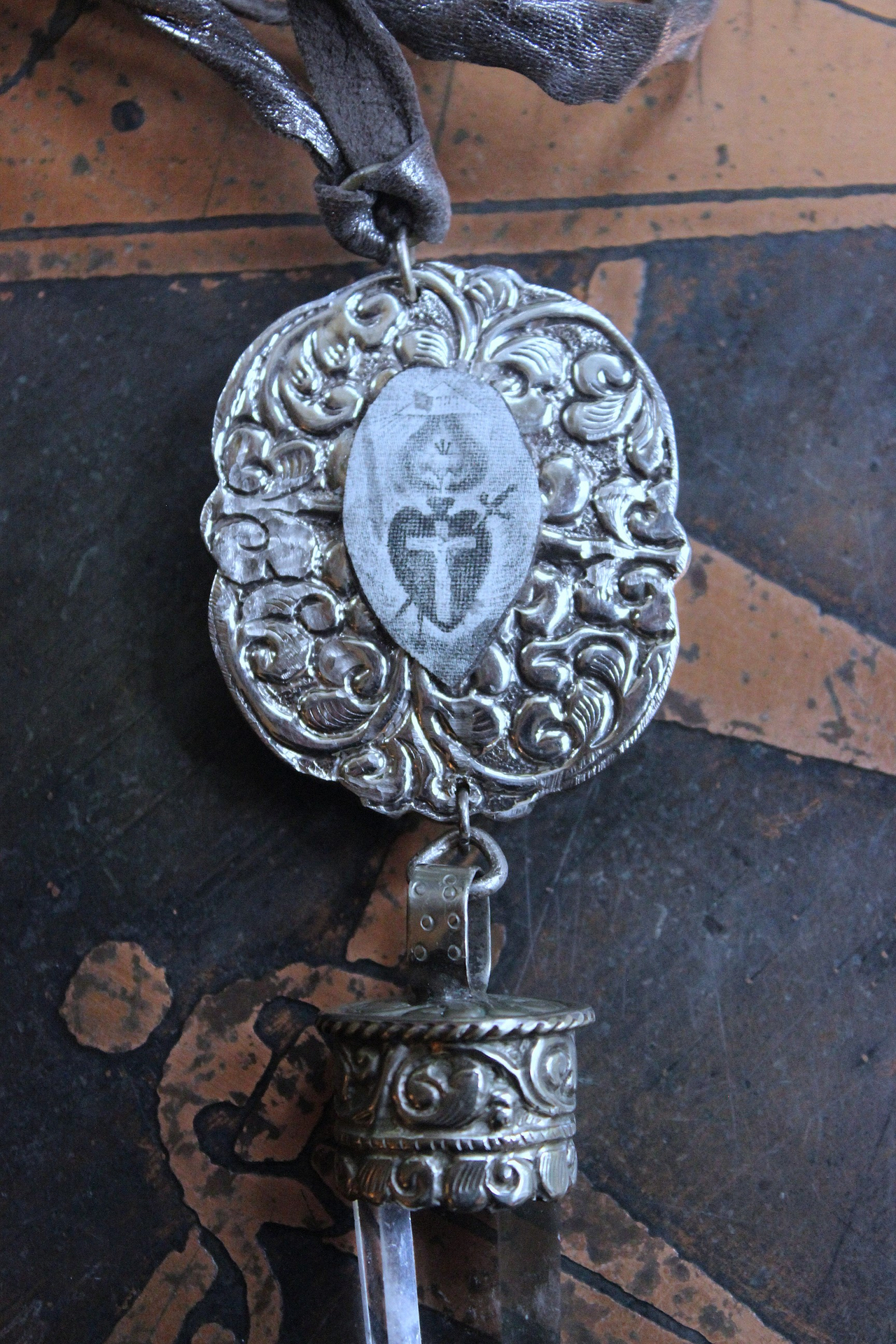 NEW! Unique Flaming Sacred Heart & Clear Rock Quartz Point Necklace with Silver Distressed Leather Ties