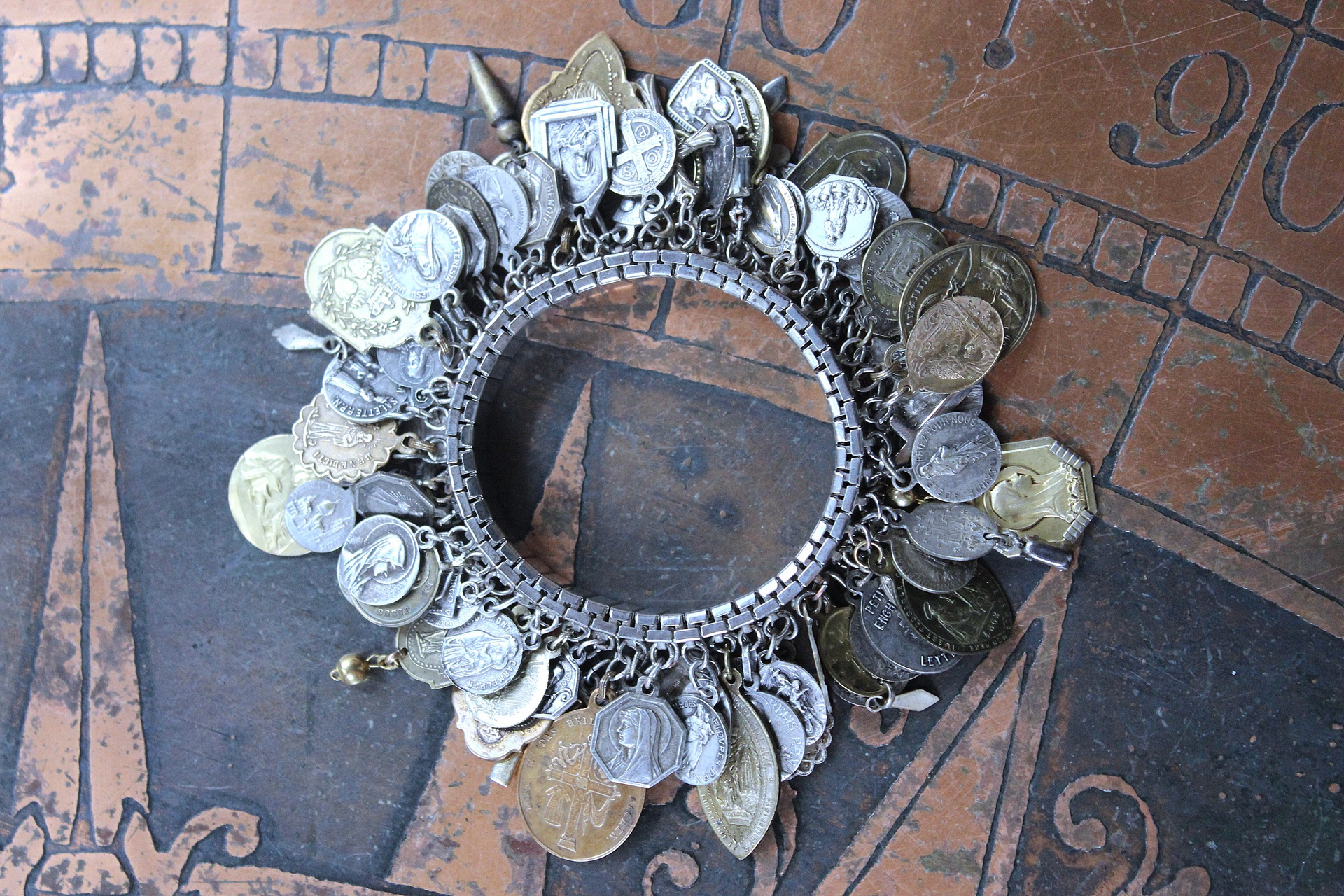 NEW! Fully Loaded Expandable Bracelet with 88 Silver and Gold Antique French, European & American Religious Medals & Crosses