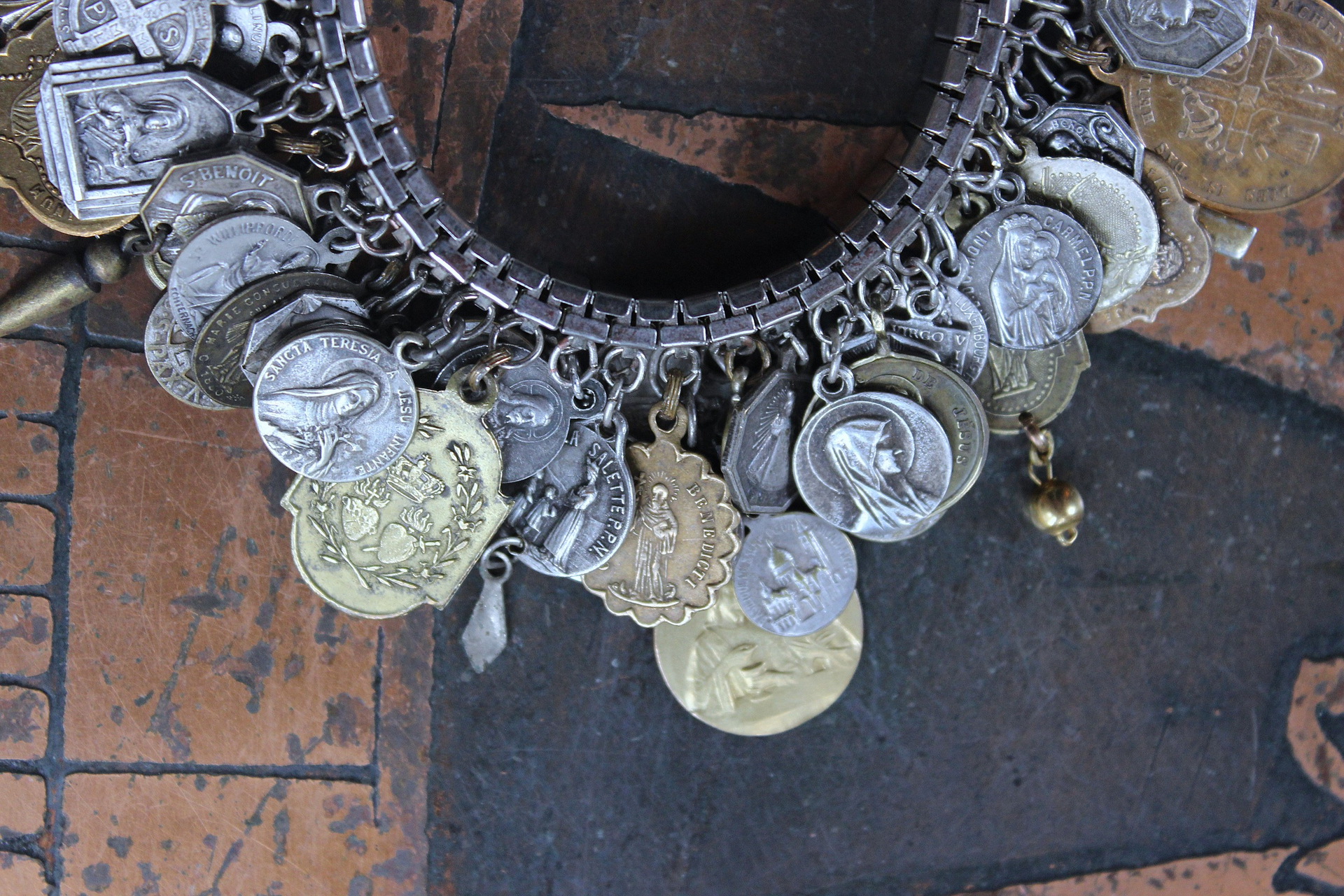 NEW! Fully Loaded Expandable Bracelet with 88 Silver and Gold Antique French, European & American Religious Medals & Crosses