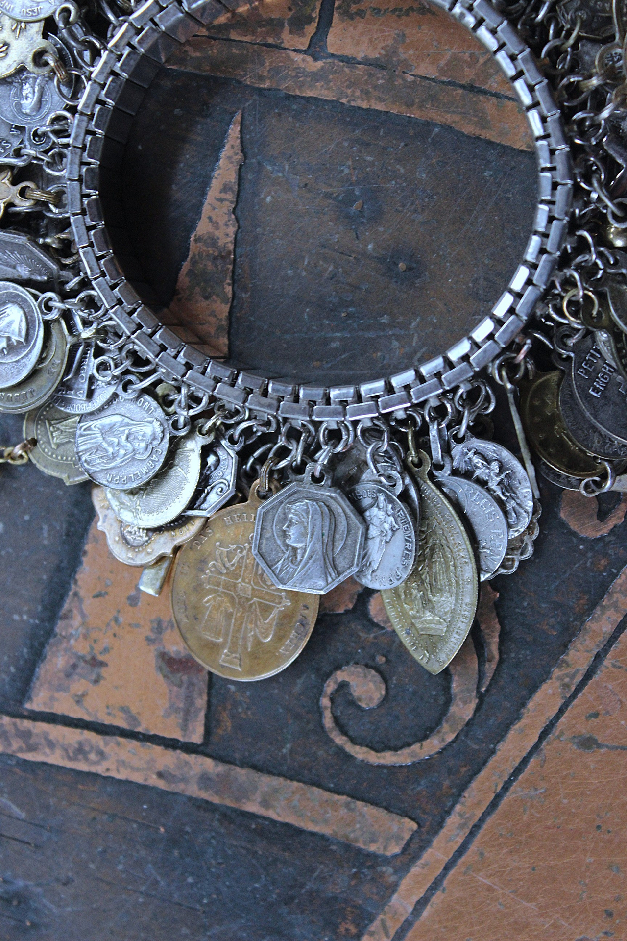 NEW! Fully Loaded Expandable Bracelet with 88 Silver and Gold Antique French, European & American Religious Medals & Crosses
