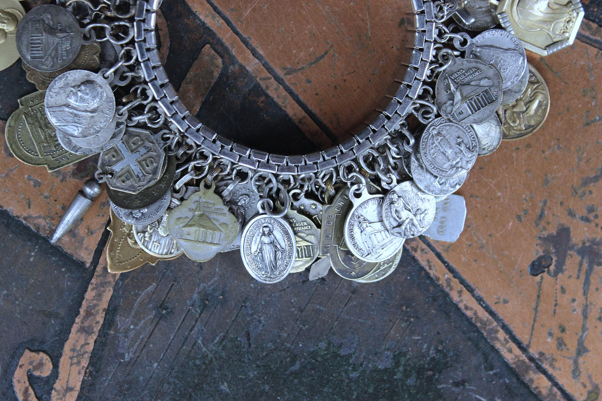 NEW! Fully Loaded Expandable Bracelet with 88 Silver and Gold Antique French, European & American Religious Medals & Crosses