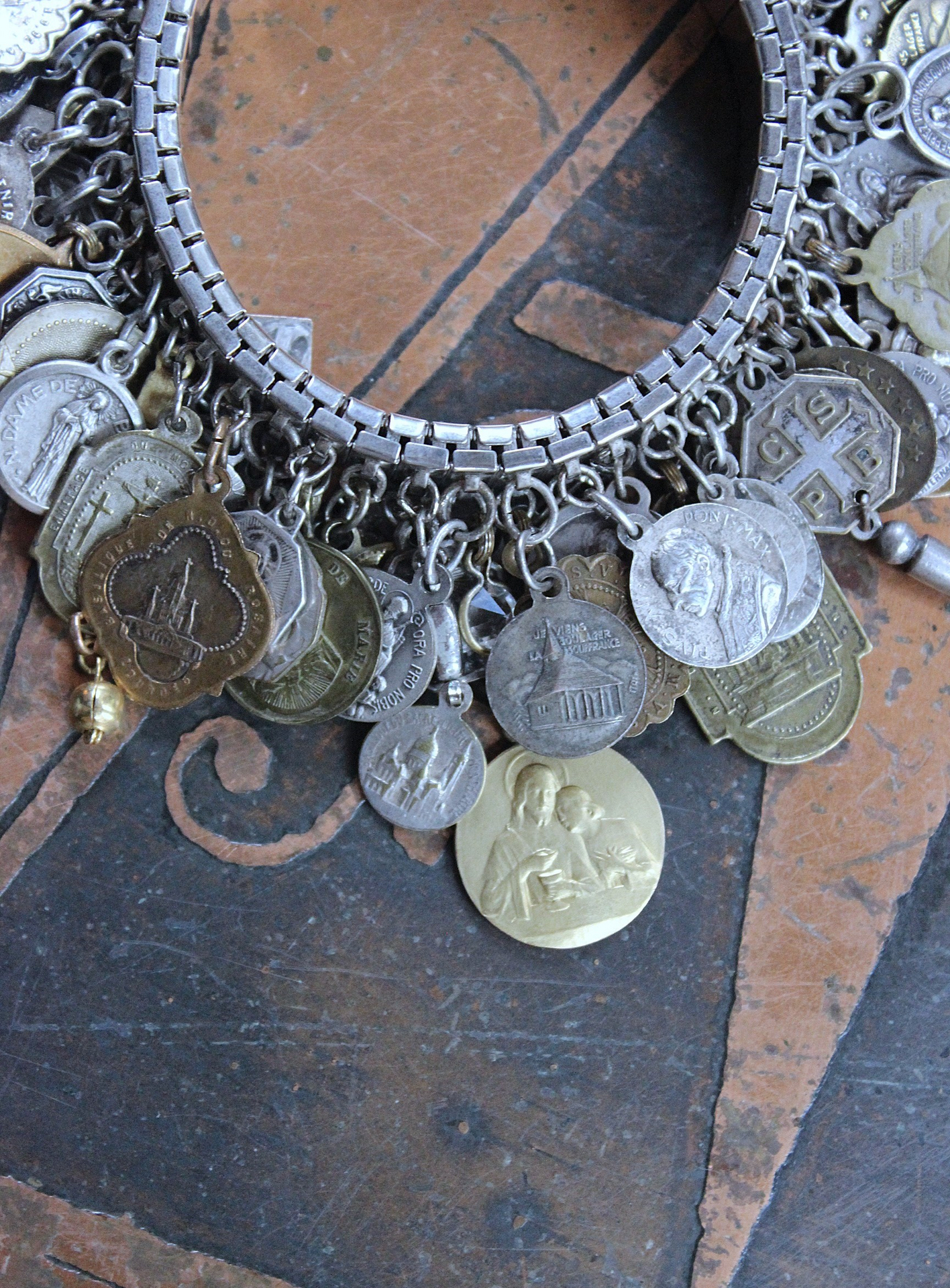 NEW! Fully Loaded Expandable Bracelet with 88 Silver and Gold Antique French, European & American Religious Medals & Crosses