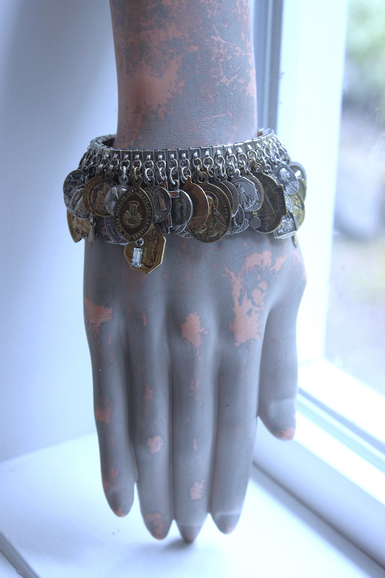 NEW! Fully Loaded Expandable Bracelet with 88 Silver and Gold Antique French, European & American Religious Medals & Crosses