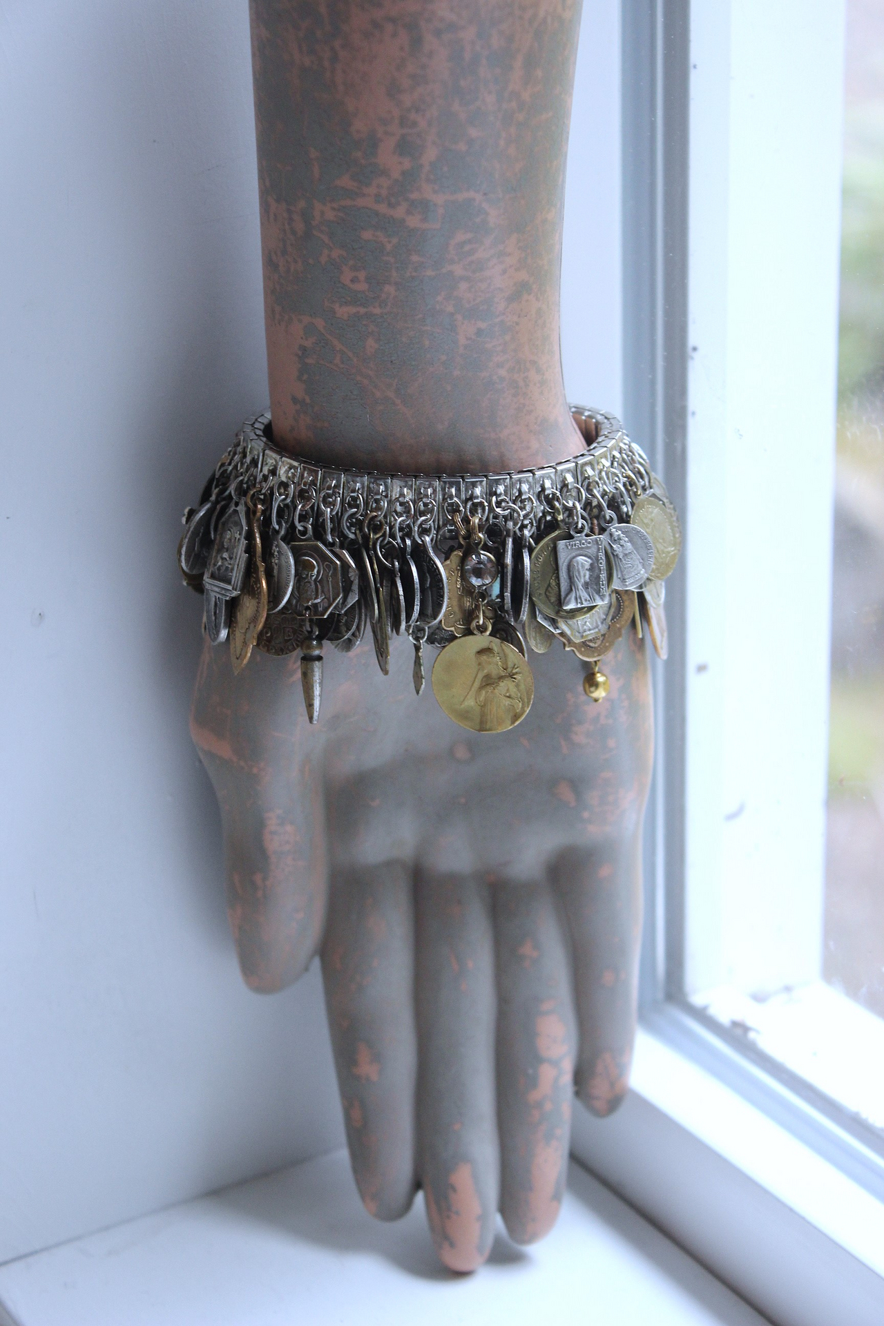 NEW! Fully Loaded Expandable Bracelet with 88 Silver and Gold Antique French, European & American Religious Medals & Crosses