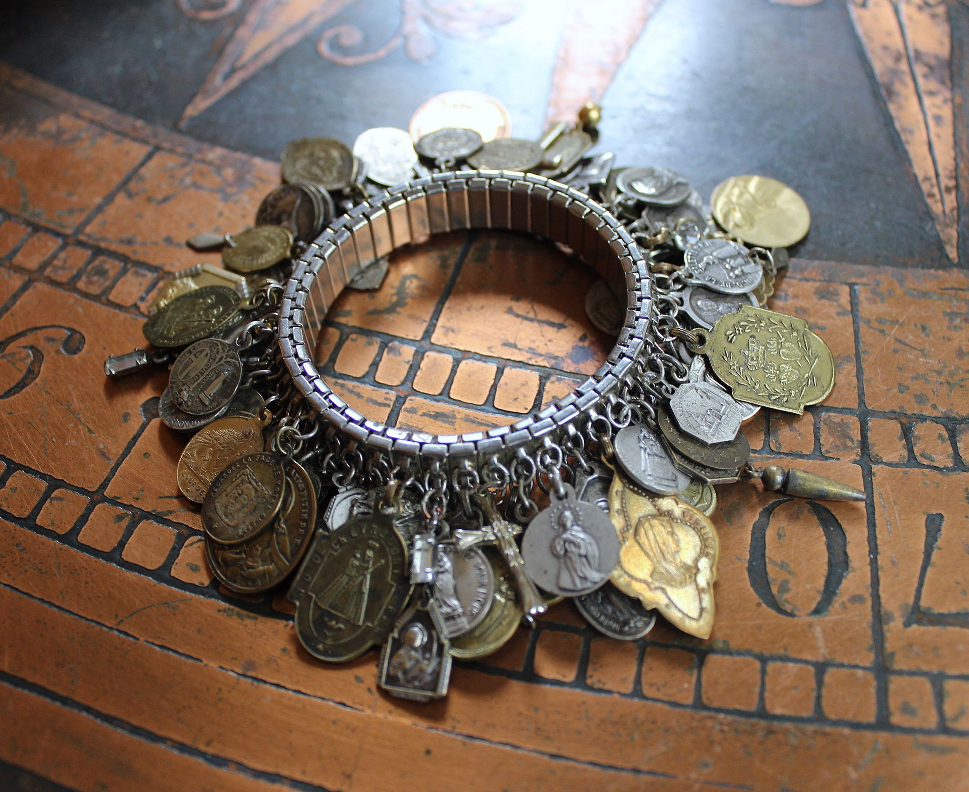 NEW! Fully Loaded Expandable Bracelet with 88 Silver and Gold Antique French, European & American Religious Medals & Crosses