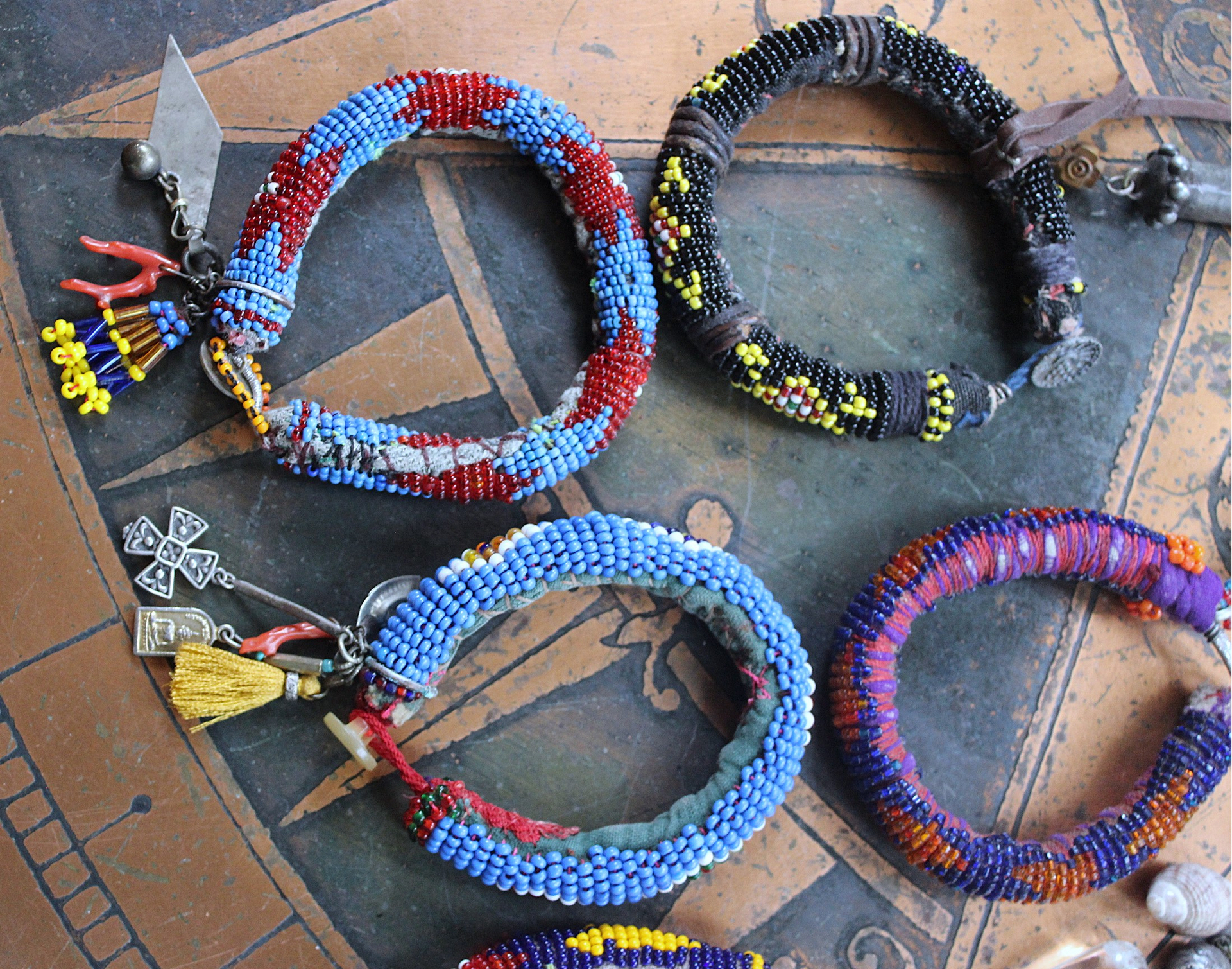 NEW! Set of 6 Authentic Tribal Seed Bead Bracelets with Various Drops & Dangles