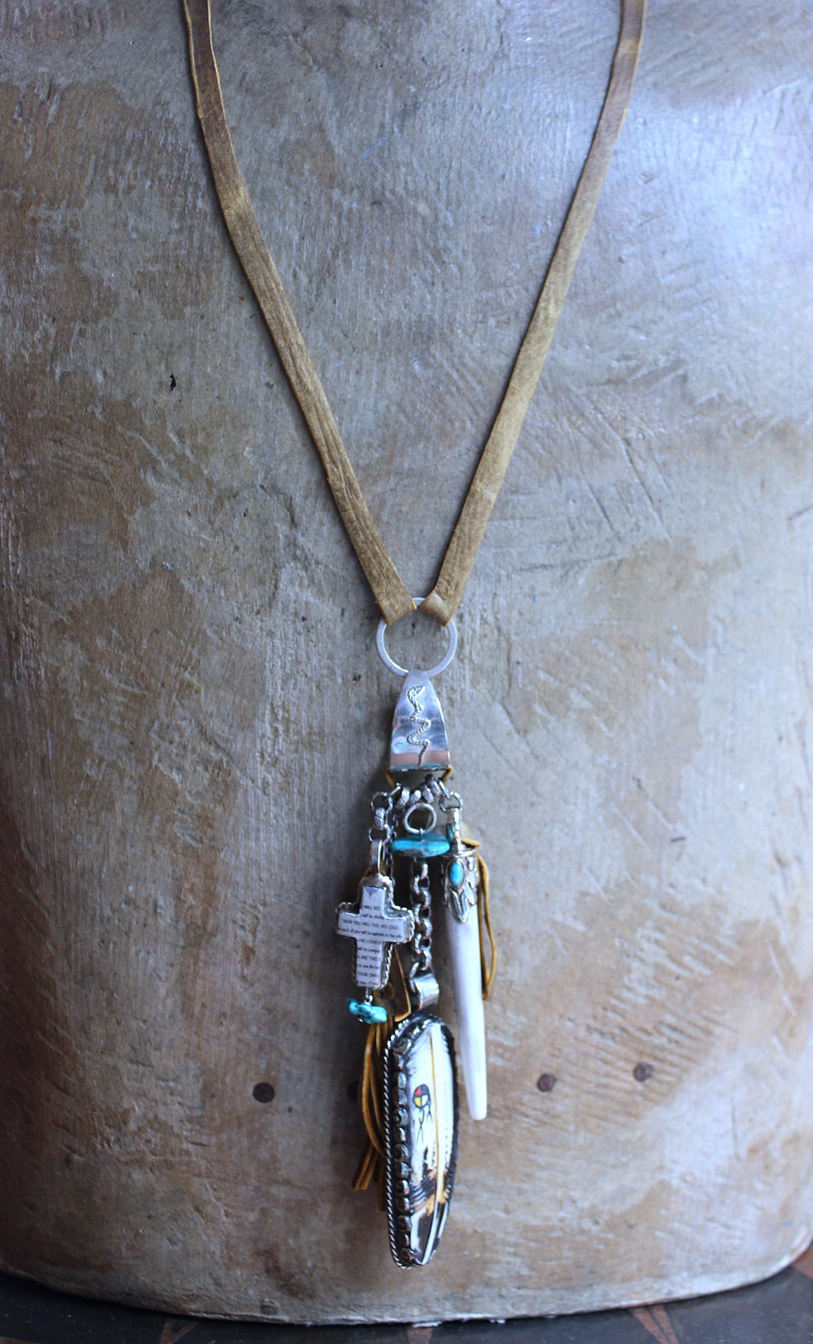 NEW! One Life Before You Necklace with Unique Painted Carved Bone Feather, Cross, Premium Distressed Leather Ties, Sterling Chain & More!