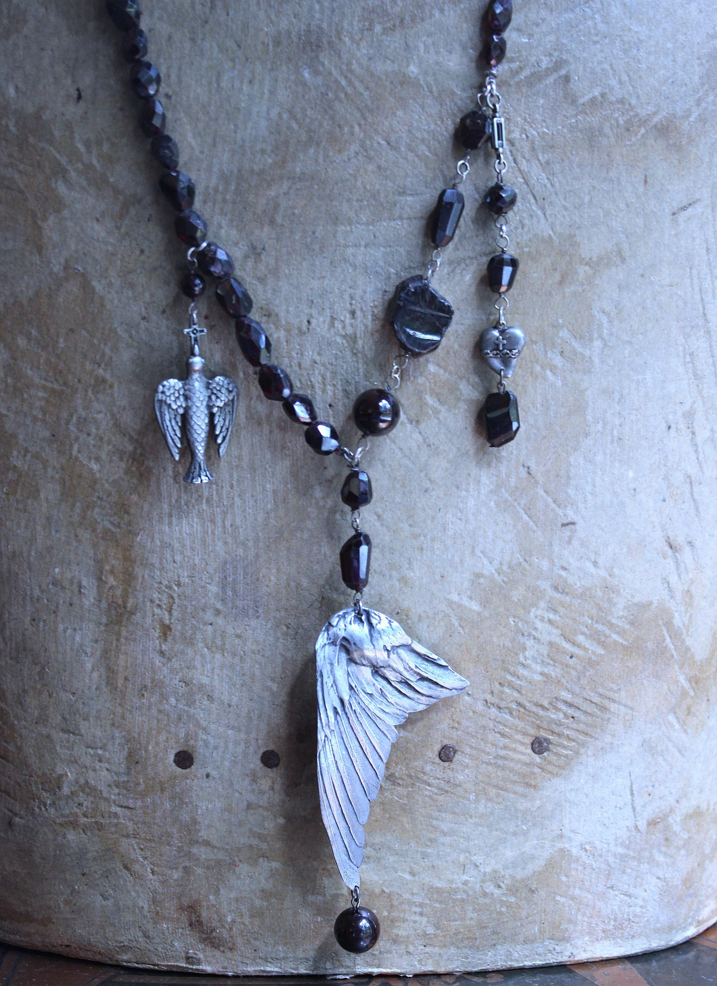 NEW! The Winds of your Soul Necklace with Amazing Faceted Almandine Garnet, Cast Bird Wing, Holy Spirit Dove & Puffy Heart Medal