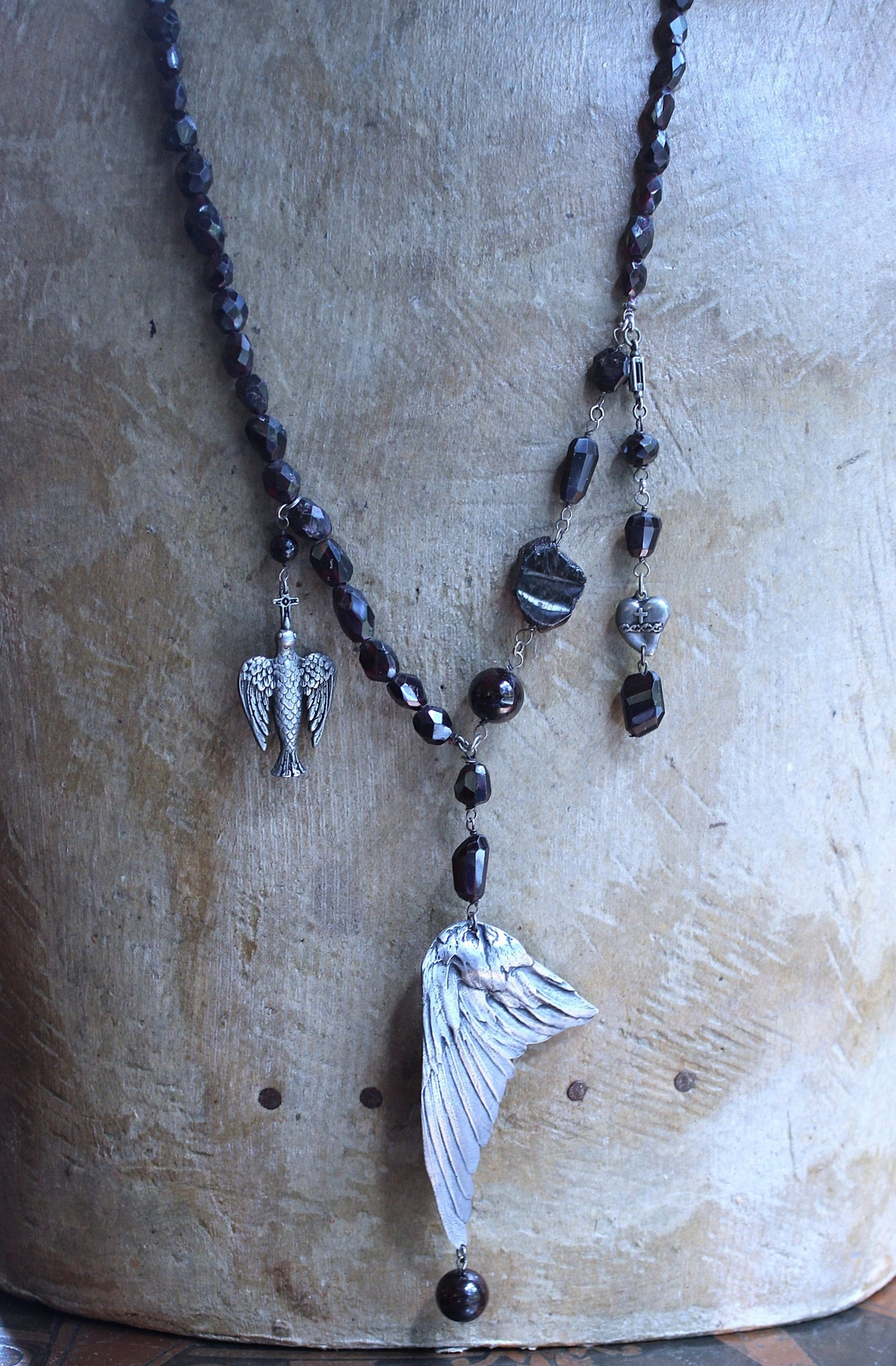 NEW! The Winds of your Soul Necklace with Amazing Faceted Almandine Garnet, Cast Bird Wing, Holy Spirit Dove & Puffy Heart Medal