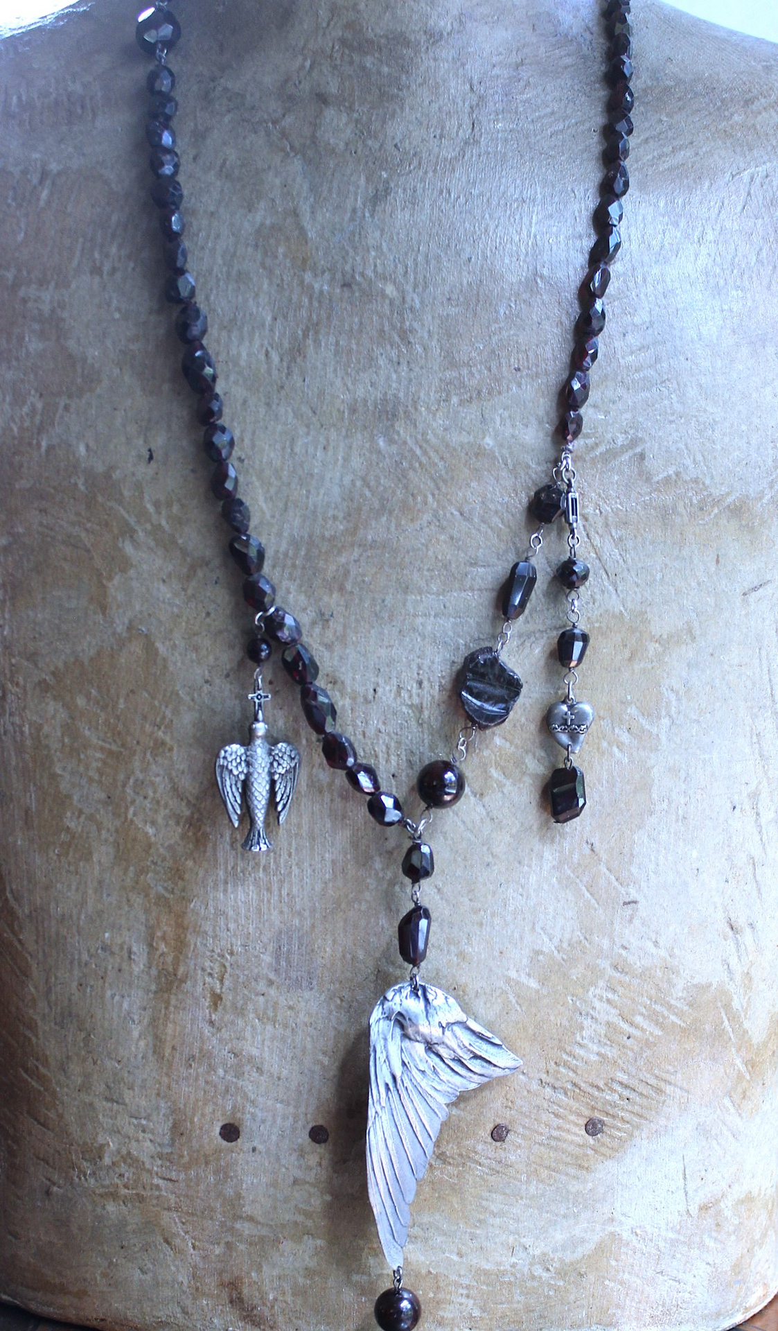 NEW! The Winds of your Soul Necklace with Amazing Faceted Almandine Garnet, Cast Bird Wing, Holy Spirit Dove & Puffy Heart Medal