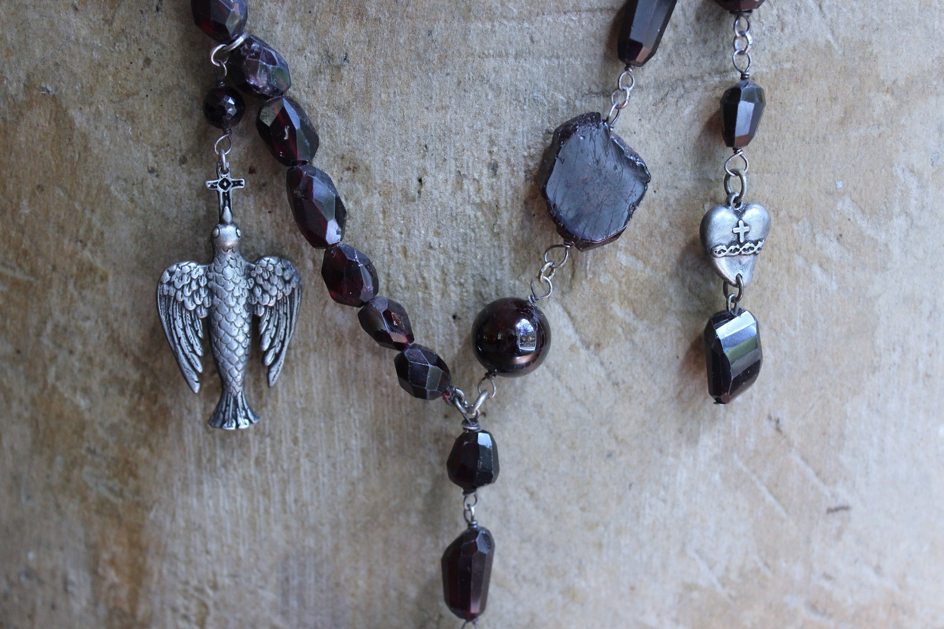 NEW! The Winds of your Soul Necklace with Amazing Faceted Almandine Garnet, Cast Bird Wing, Holy Spirit Dove & Puffy Heart Medal
