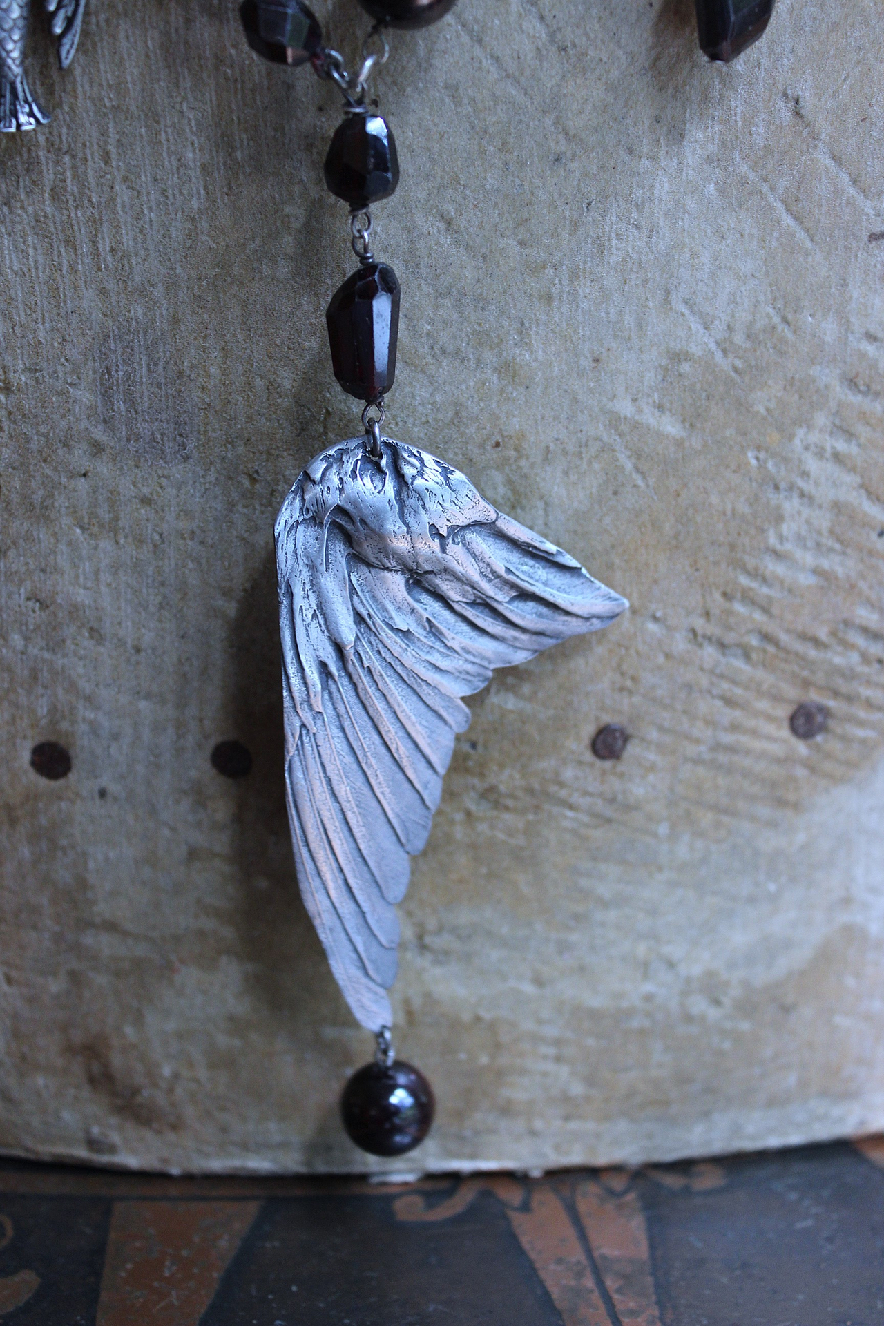 NEW! The Winds of your Soul Necklace with Amazing Faceted Almandine Garnet, Cast Bird Wing, Holy Spirit Dove & Puffy Heart Medal