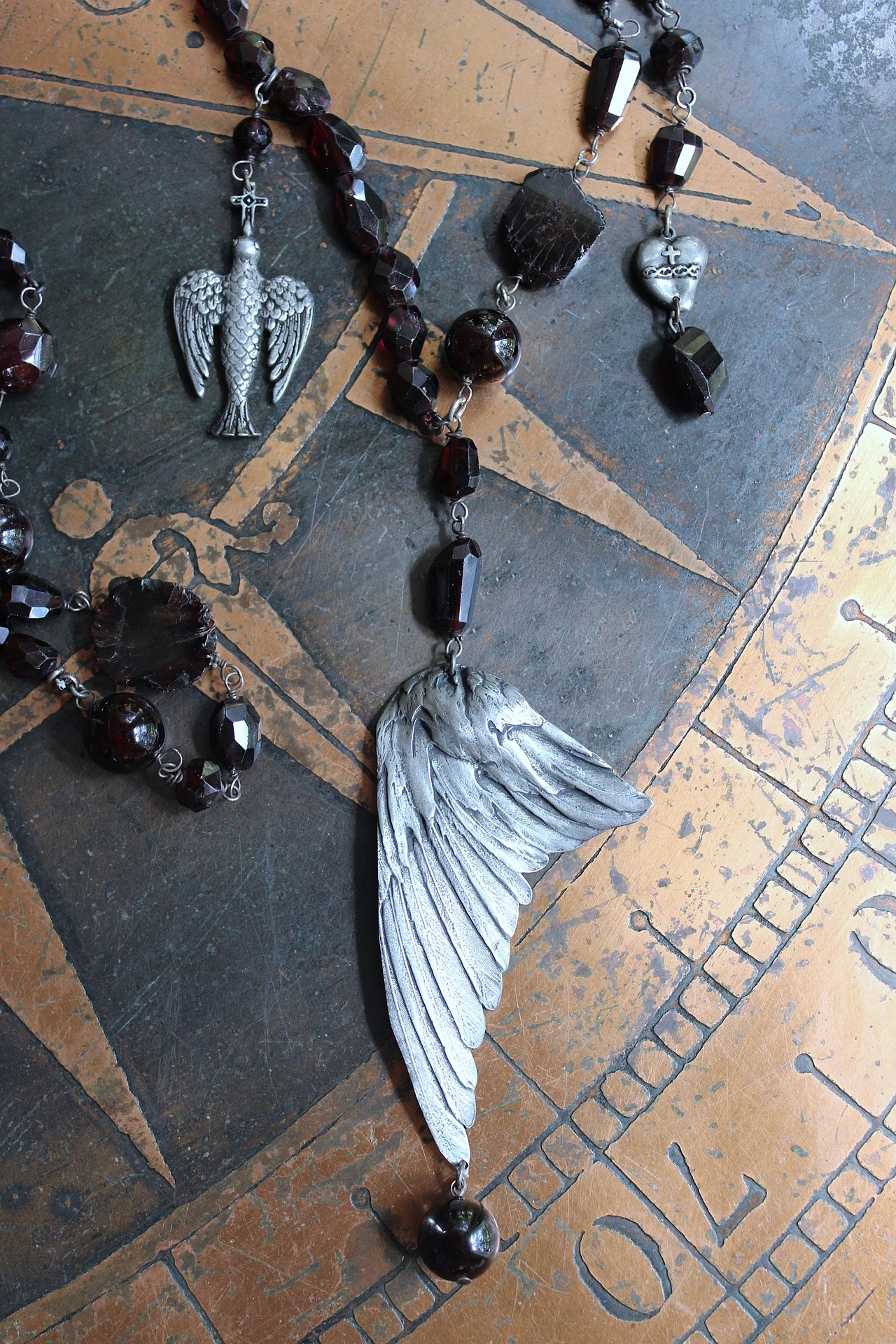 NEW! The Winds of your Soul Necklace with Amazing Faceted Almandine Garnet, Cast Bird Wing, Holy Spirit Dove & Puffy Heart Medal