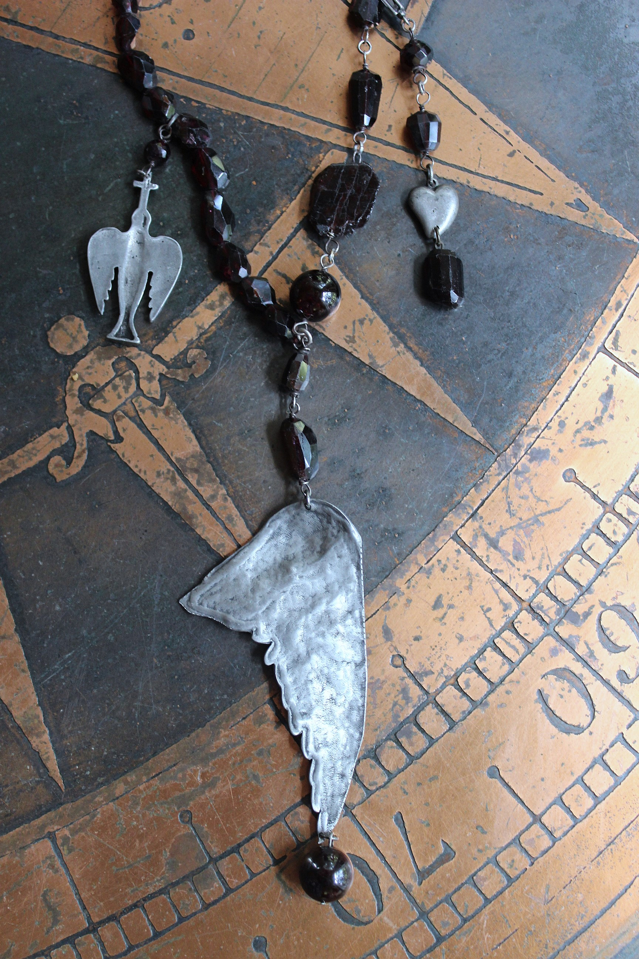 NEW! The Winds of your Soul Necklace with Amazing Faceted Almandine Garnet, Cast Bird Wing, Holy Spirit Dove & Puffy Heart Medal