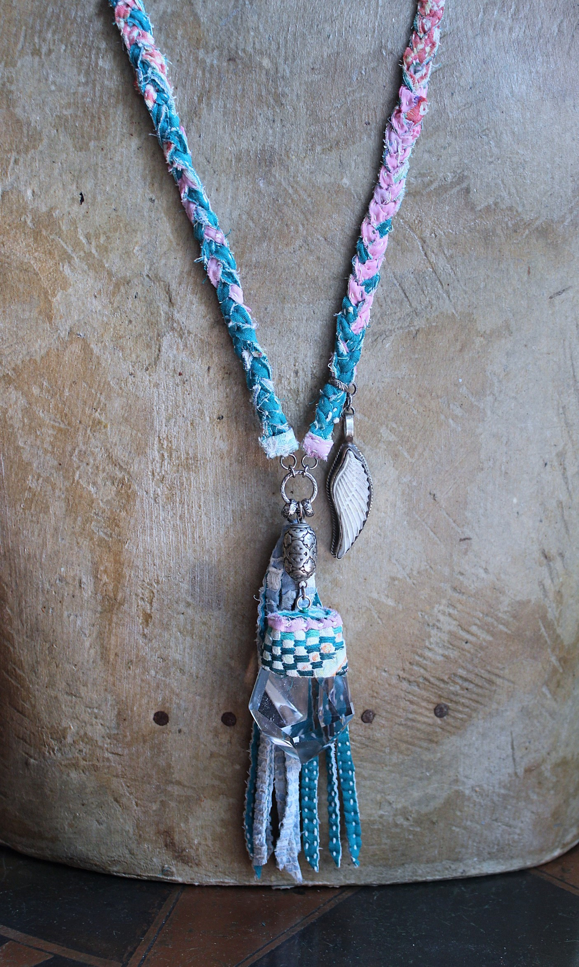 NEW! Braided Kantha Necklace w/Clear Rock Quartz Free Form Point, Unique Silver Connector, Carved Angel Wing & Kantha Tassel