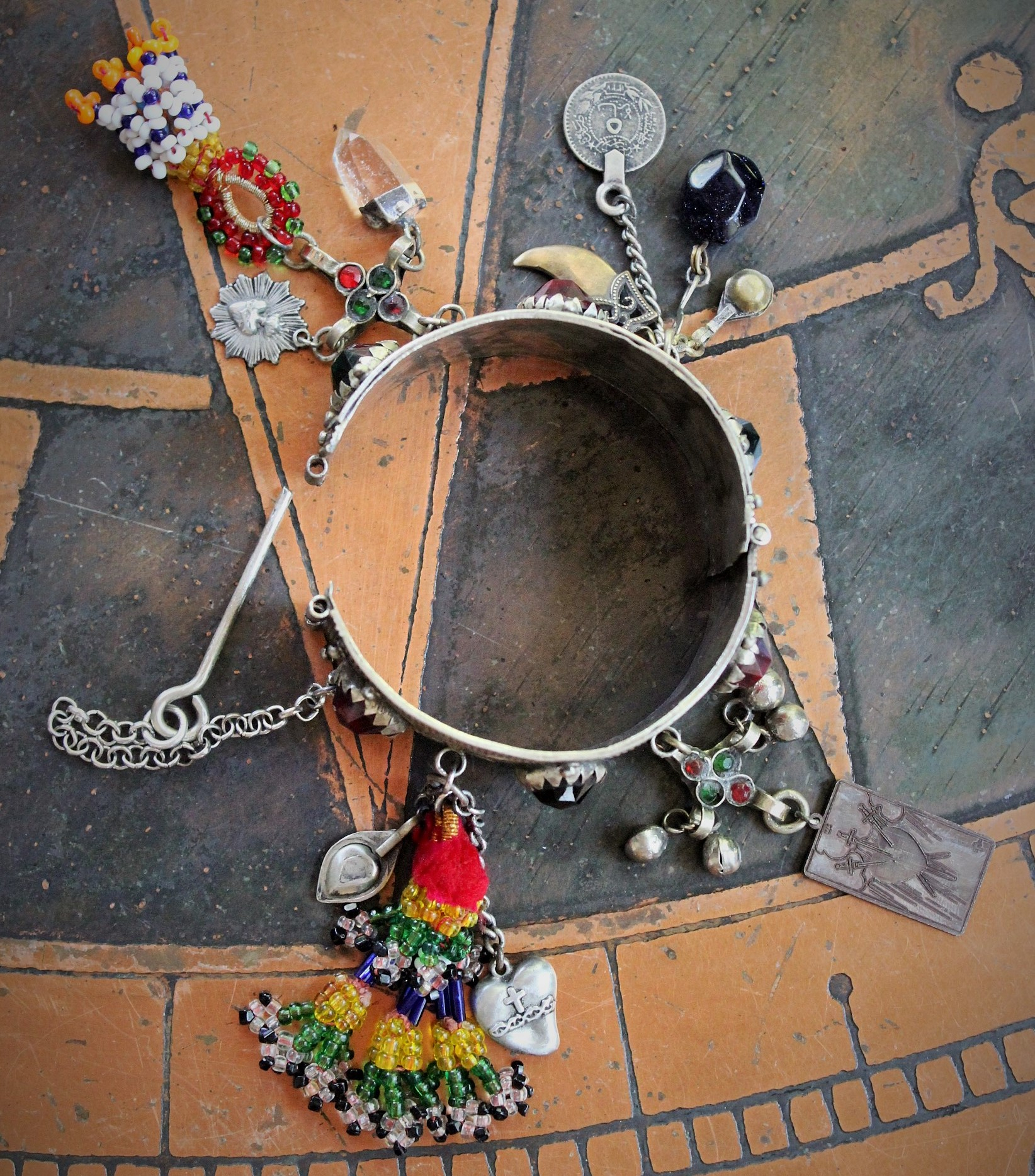 To the Gypsy that Remains Bracelet w/Antique Gypsy Bracelet, Sterling Engraved 3 of Swords Tarot Medal,Banjara Tassels, Kuchi Findings & Much More!