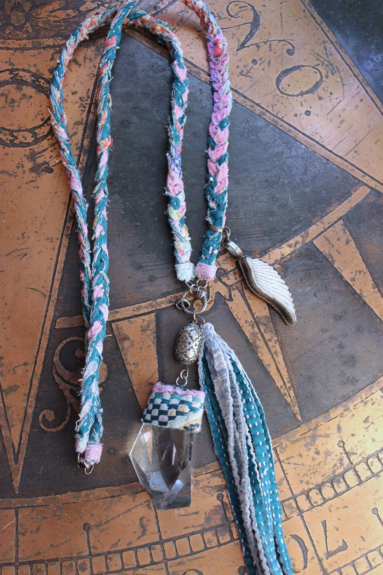 NEW! Braided Kantha Necklace w/Clear Rock Quartz Free Form Point, Unique Silver Connector, Carved Angel Wing & Kantha Tassel