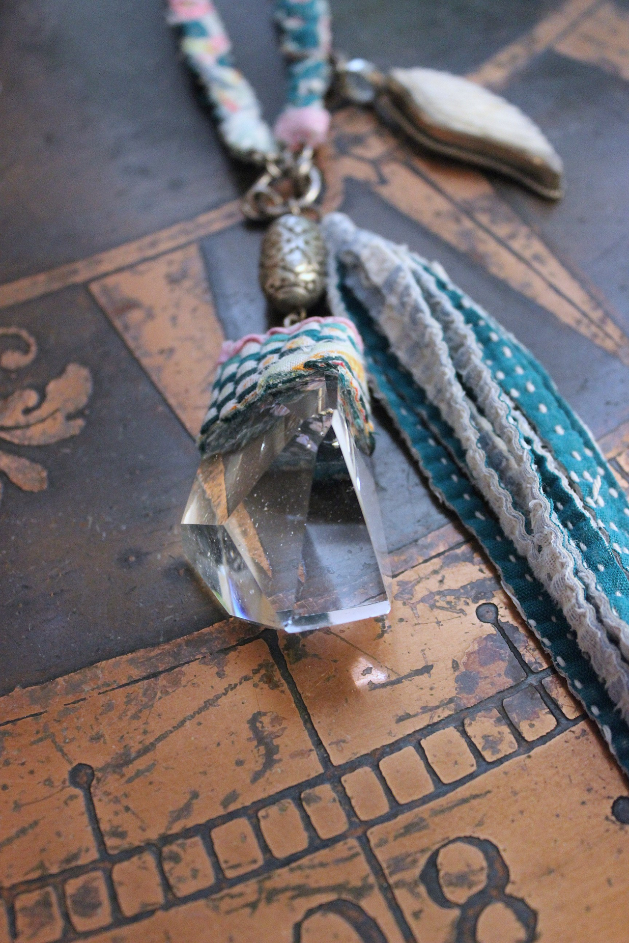 NEW! Braided Kantha Necklace w/Clear Rock Quartz Free Form Point, Unique Silver Connector, Carved Angel Wing & Kantha Tassel