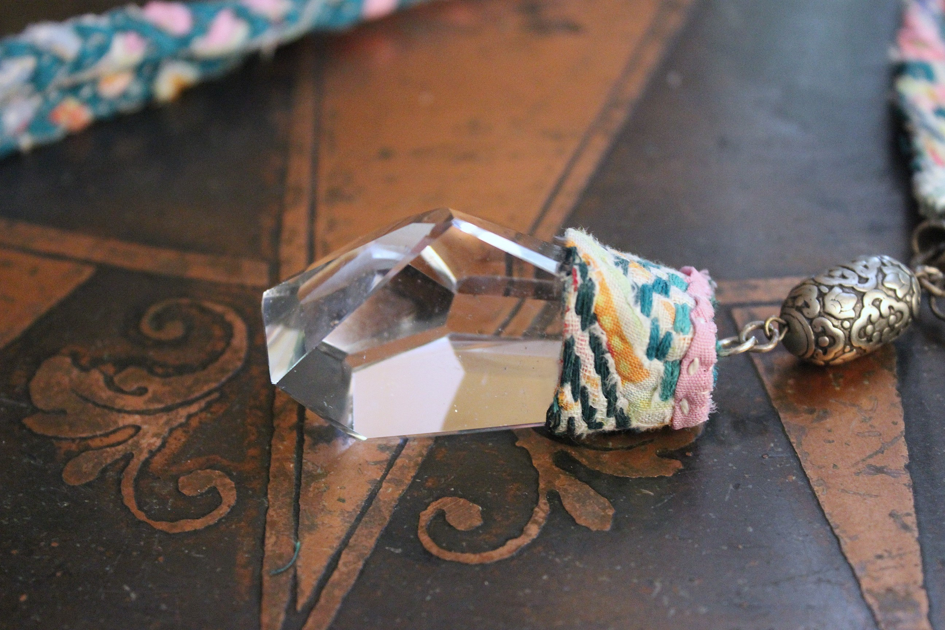 NEW! Braided Kantha Necklace w/Clear Rock Quartz Free Form Point, Unique Silver Connector, Carved Angel Wing & Kantha Tassel