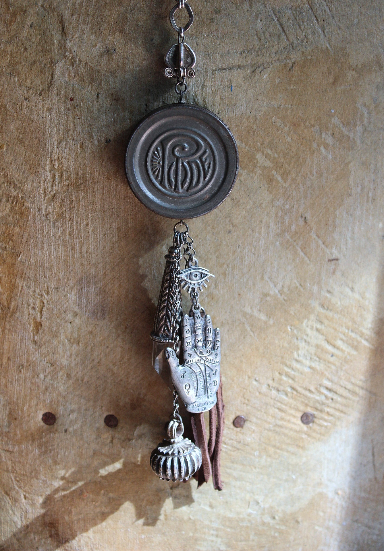 NEW! The Other Eye Necklace with Unusual Antique Pocket Watch Container, Sterling Findings,Vintage Palmistry Medal, All Seeing Eye Connector & More!