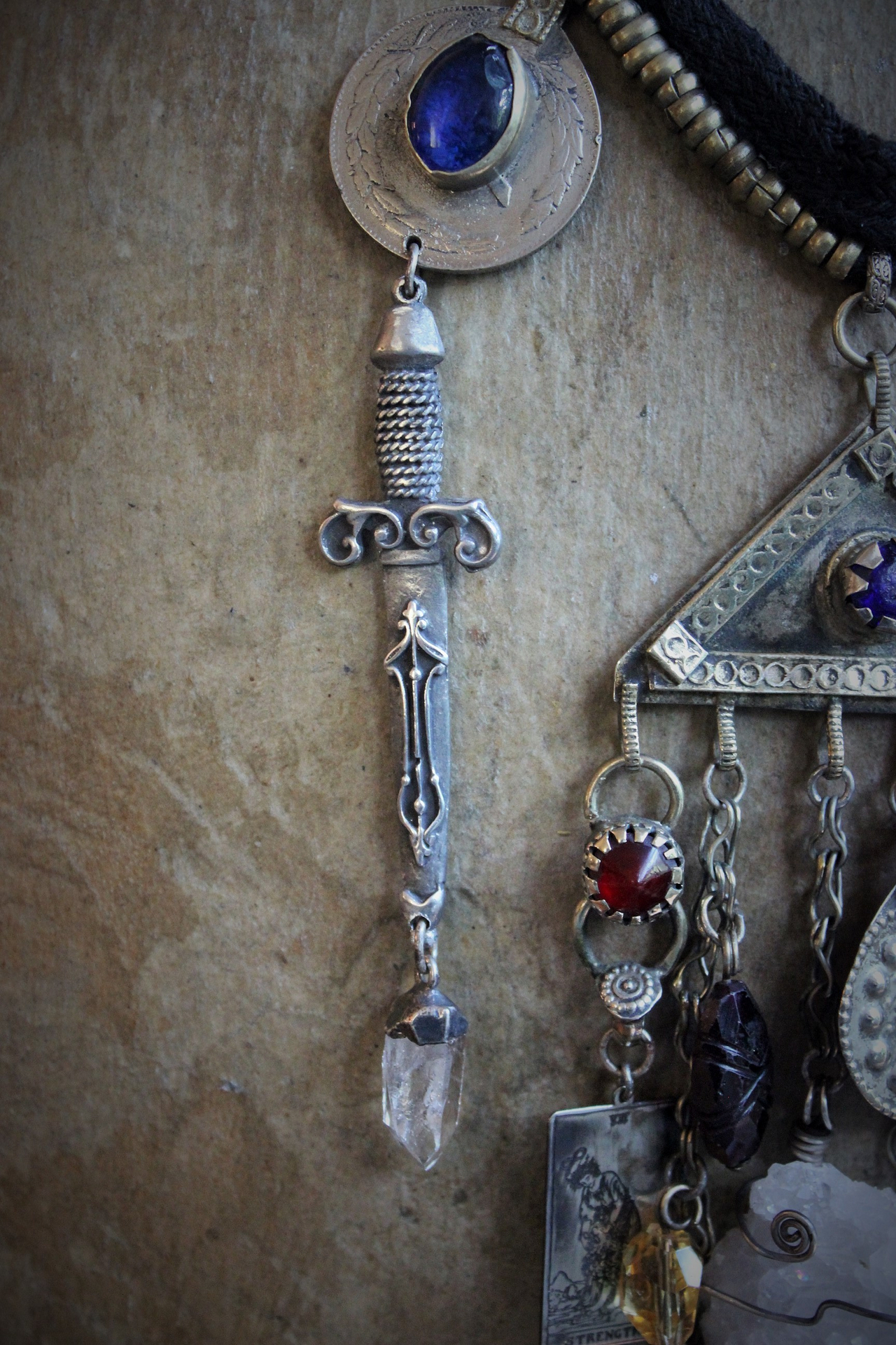 The Triumph Necklace w/Sterling Strength & Temperance Tarot Card Medals,Antique Gypsy Findings,Antique Sterling Snake Drop,Faceted Gemstones & More!