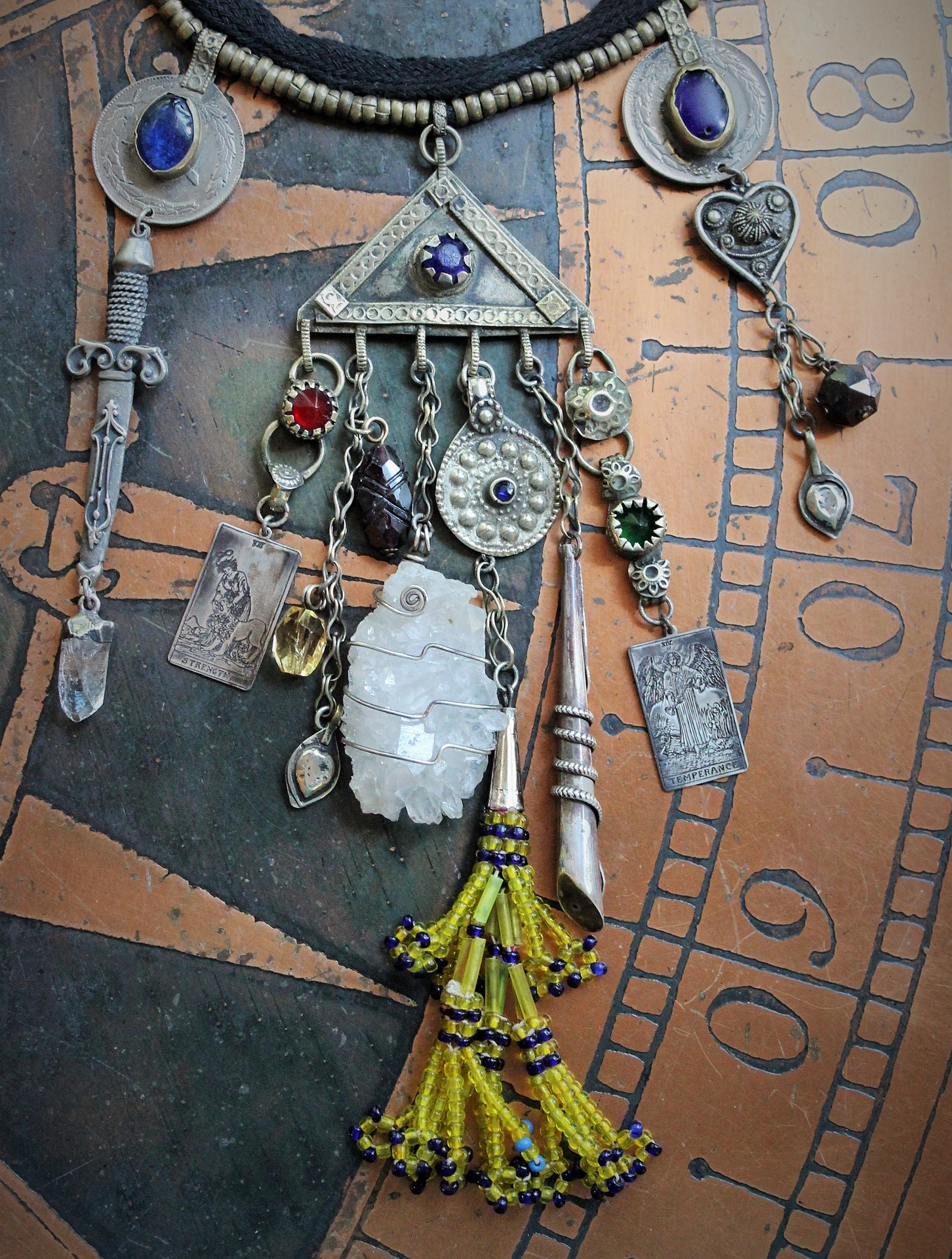 The Triumph Necklace w/Sterling Strength & Temperance Tarot Card Medals,Antique Gypsy Findings,Antique Sterling Snake Drop,Faceted Gemstones & More!