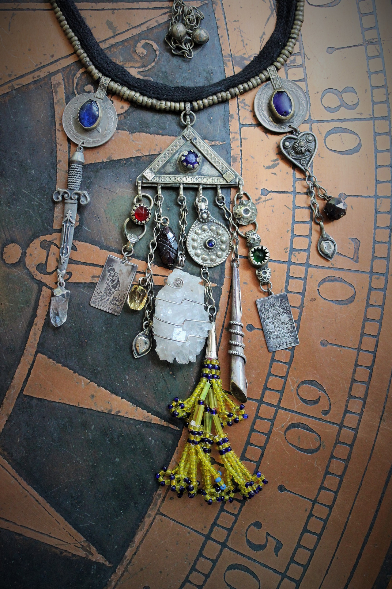 The Triumph Necklace w/Sterling Strength & Temperance Tarot Card Medals,Antique Gypsy Findings,Antique Sterling Snake Drop,Faceted Gemstones & More!