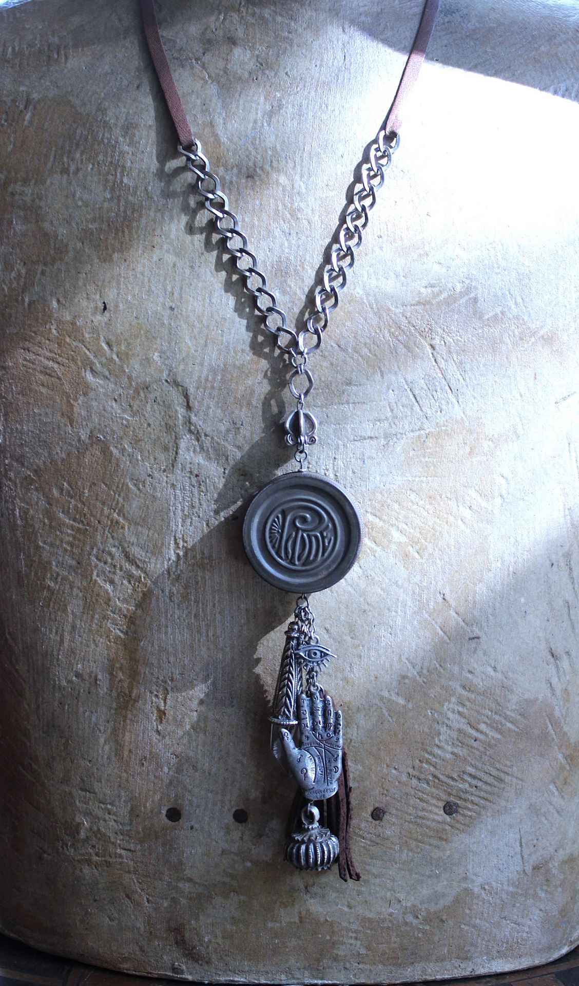 NEW! The Other Eye Necklace with Unusual Antique Pocket Watch Container, Sterling Findings,Vintage Palmistry Medal, All Seeing Eye Connector & More!
