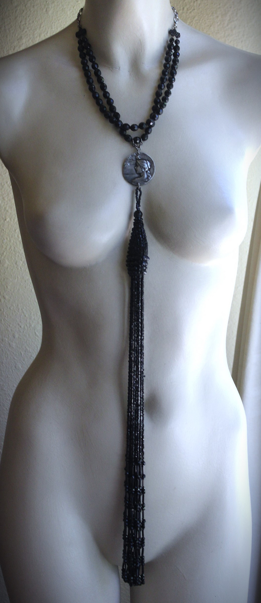 NEW! The Twilight Necklace with Rare French Crepuscle (Twilight) Medal, OOAK Long Antique Faceted Jet Bead Tassel, Bead Strands & Clasp