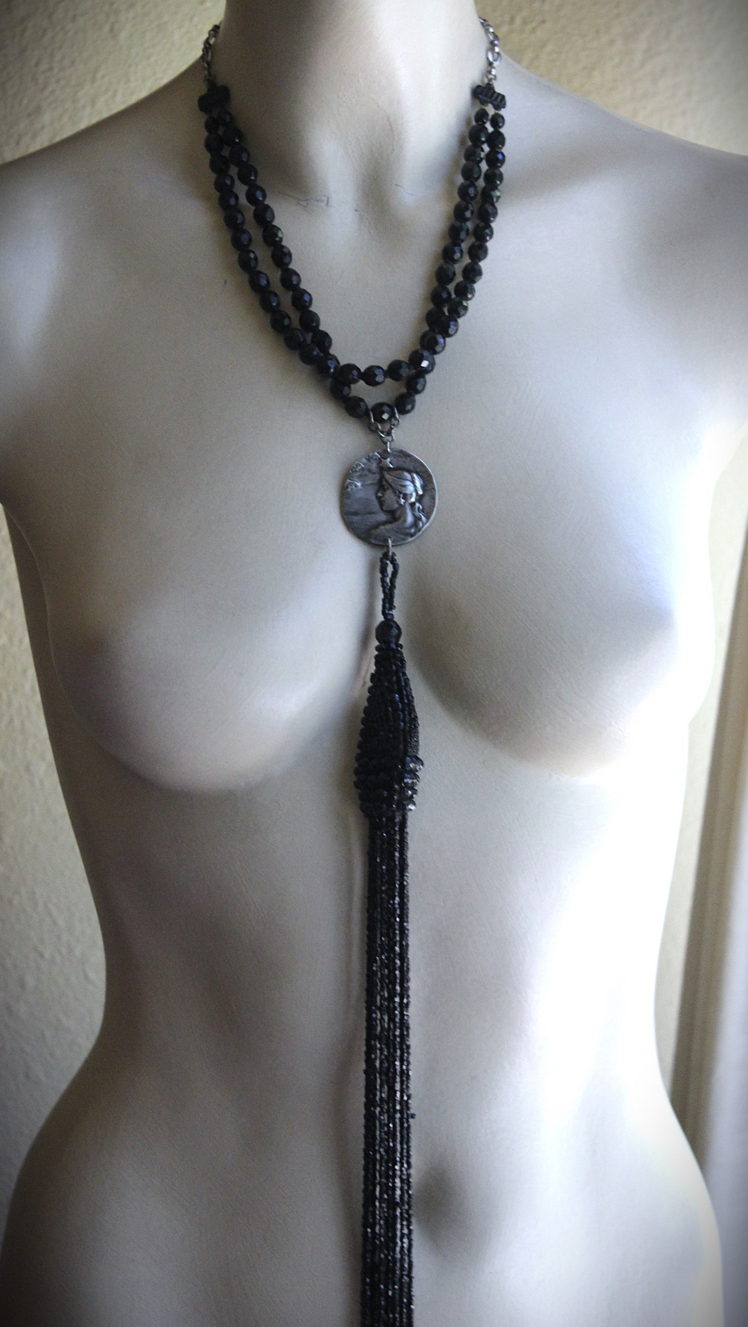 NEW! The Twilight Necklace with Rare French Crepuscle (Twilight) Medal, OOAK Long Antique Faceted Jet Bead Tassel, Bead Strands & Clasp