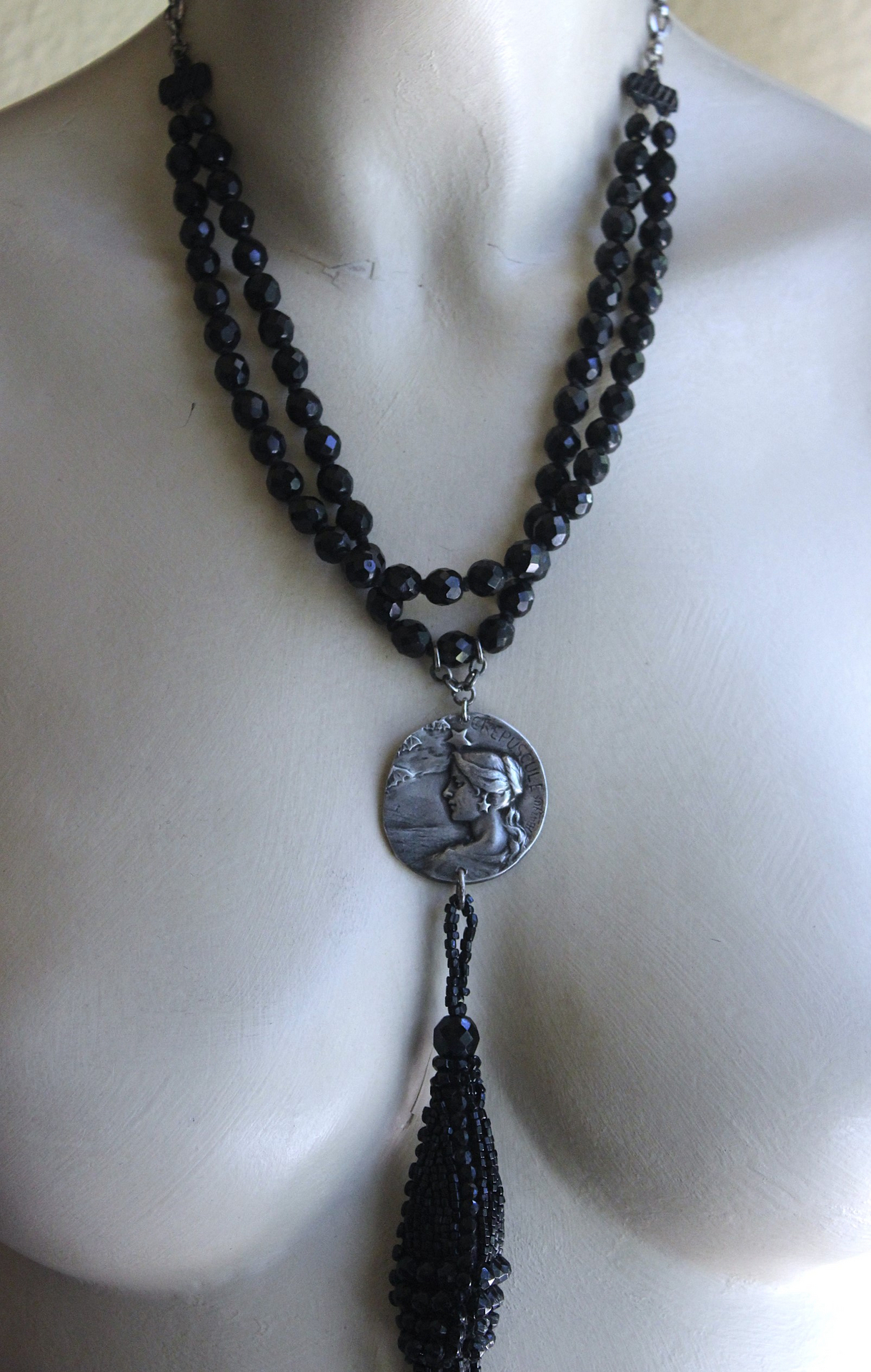 NEW! The Twilight Necklace with Rare French Crepuscle (Twilight) Medal, OOAK Long Antique Faceted Jet Bead Tassel, Bead Strands & Clasp