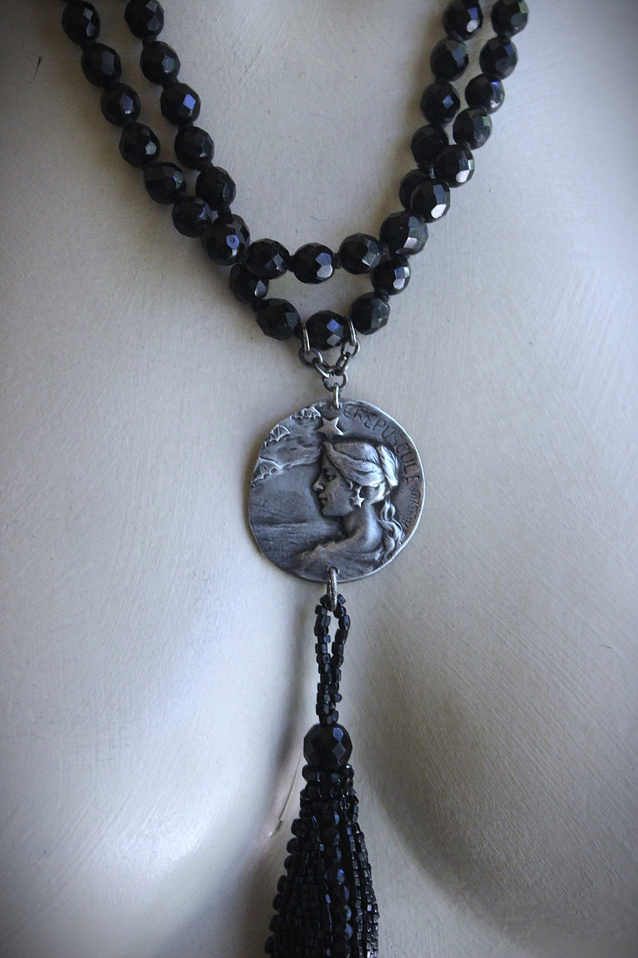 NEW! The Twilight Necklace with Rare French Crepuscle (Twilight) Medal, OOAK Long Antique Faceted Jet Bead Tassel, Bead Strands & Clasp