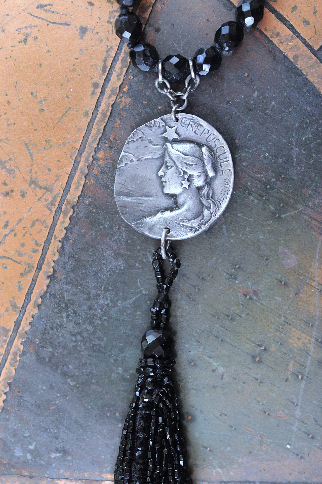 NEW! The Twilight Necklace with Rare French Crepuscle (Twilight) Medal, OOAK Long Antique Faceted Jet Bead Tassel, Bead Strands & Clasp