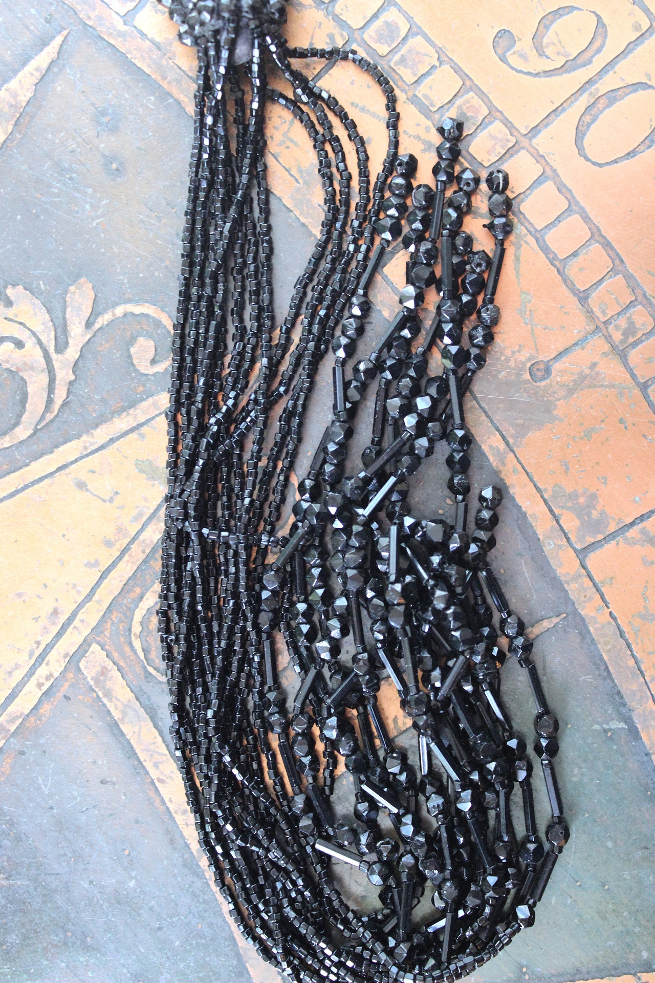 NEW! The Twilight Necklace with Rare French Crepuscle (Twilight) Medal, OOAK Long Antique Faceted Jet Bead Tassel, Bead Strands & Clasp