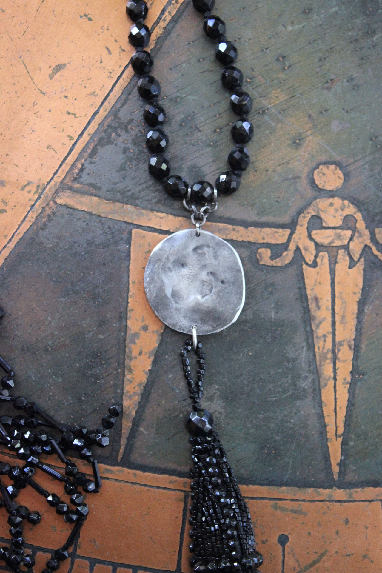 NEW! The Twilight Necklace with Rare French Crepuscle (Twilight) Medal, OOAK Long Antique Faceted Jet Bead Tassel, Bead Strands & Clasp