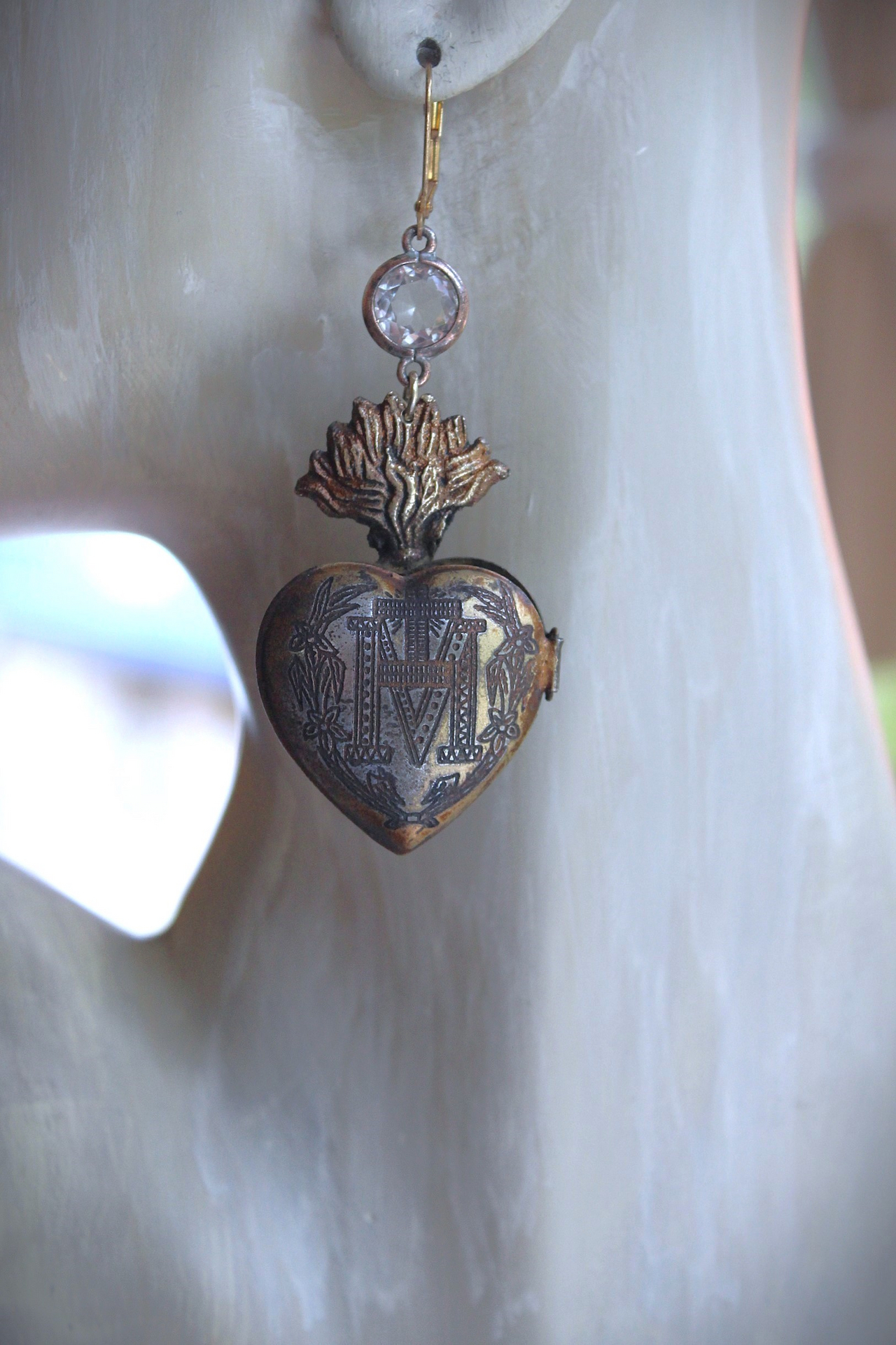 NEW! Vintage Ave Maria Flaming Sacred Heart Ex Voto Locket Earrings with Bezel Set Pointed Back Crystal Connectors