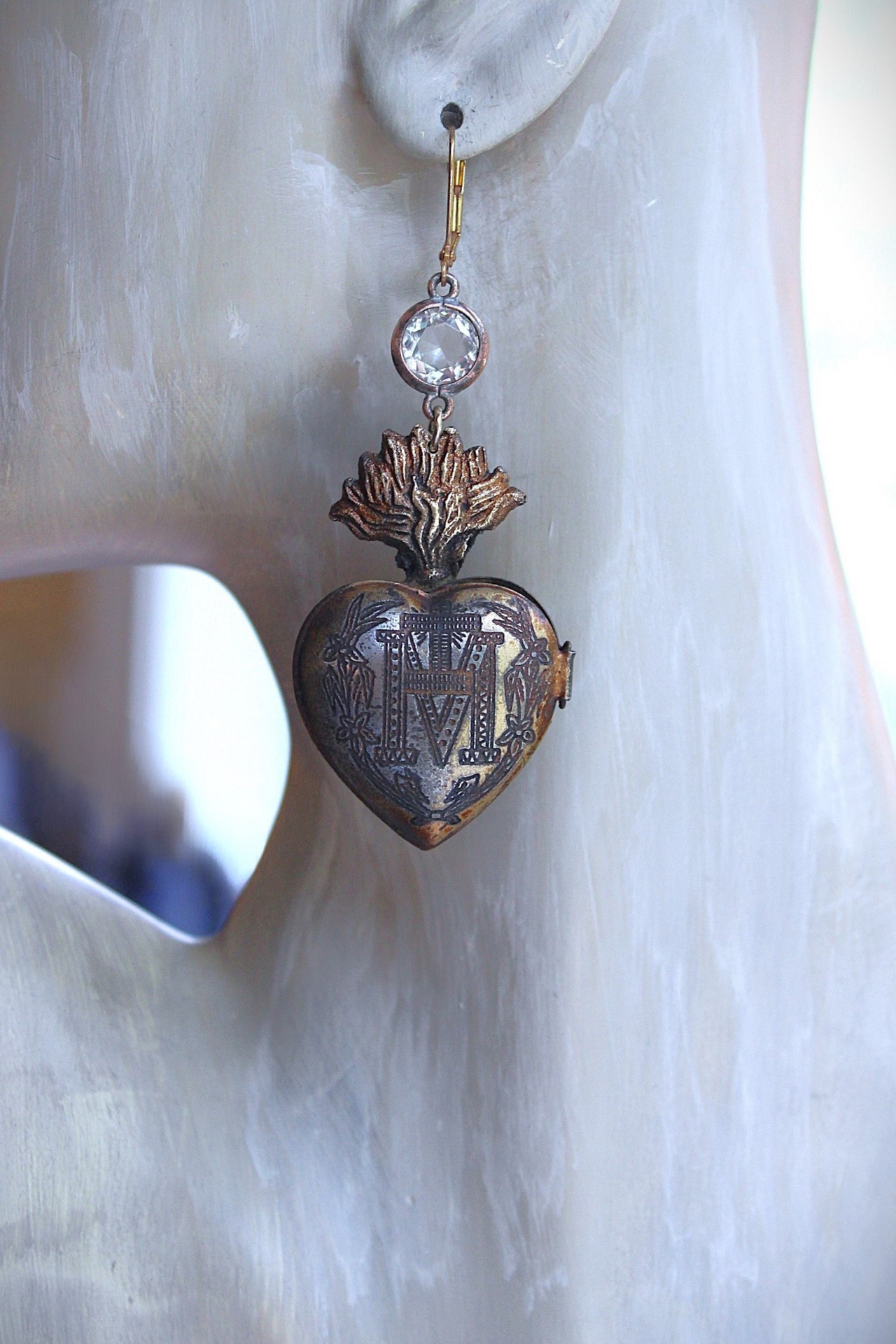 NEW! Vintage Ave Maria Flaming Sacred Heart Ex Voto Locket Earrings with Bezel Set Pointed Back Crystal Connectors