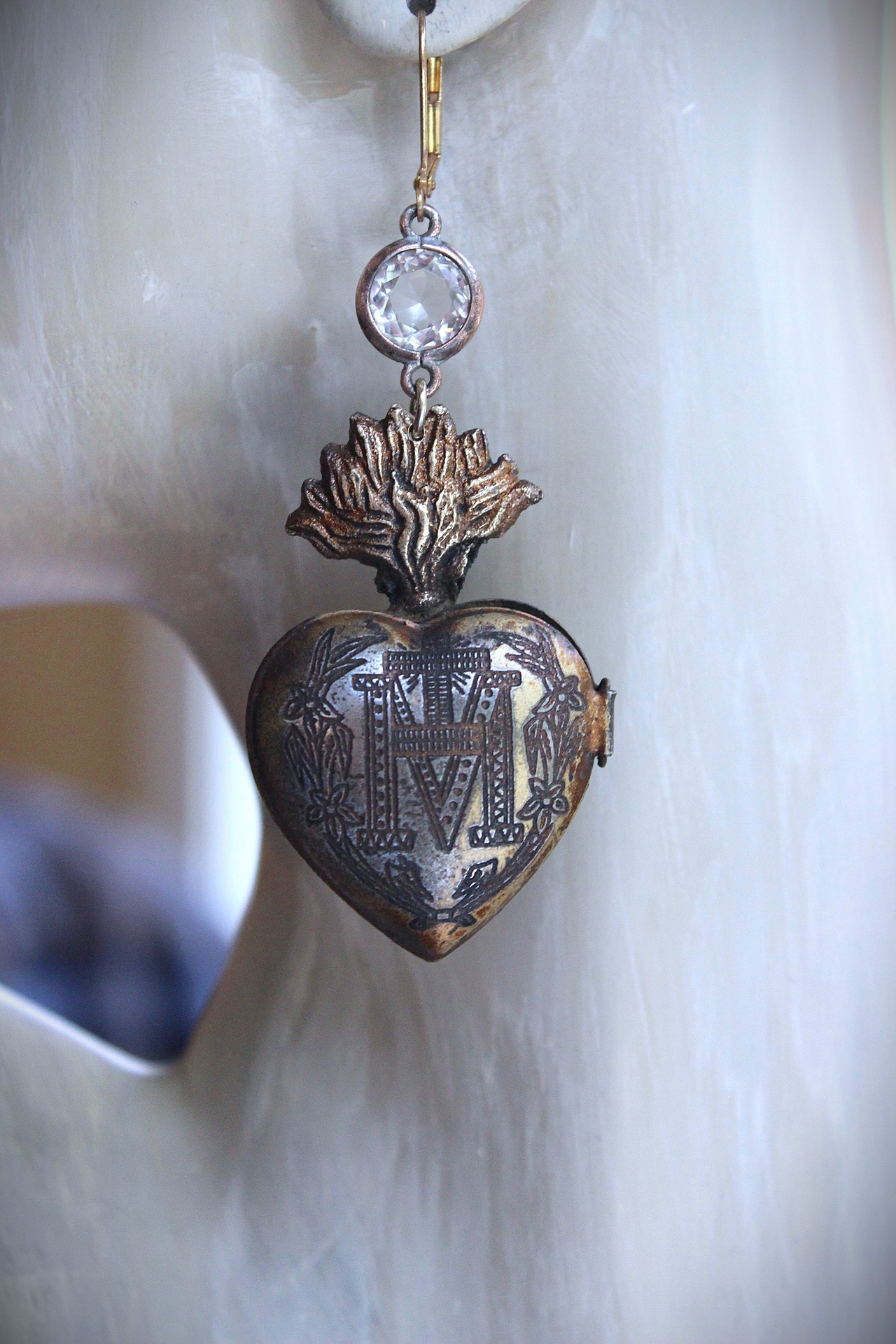 NEW! Vintage Ave Maria Flaming Sacred Heart Ex Voto Locket Earrings with Bezel Set Pointed Back Crystal Connectors