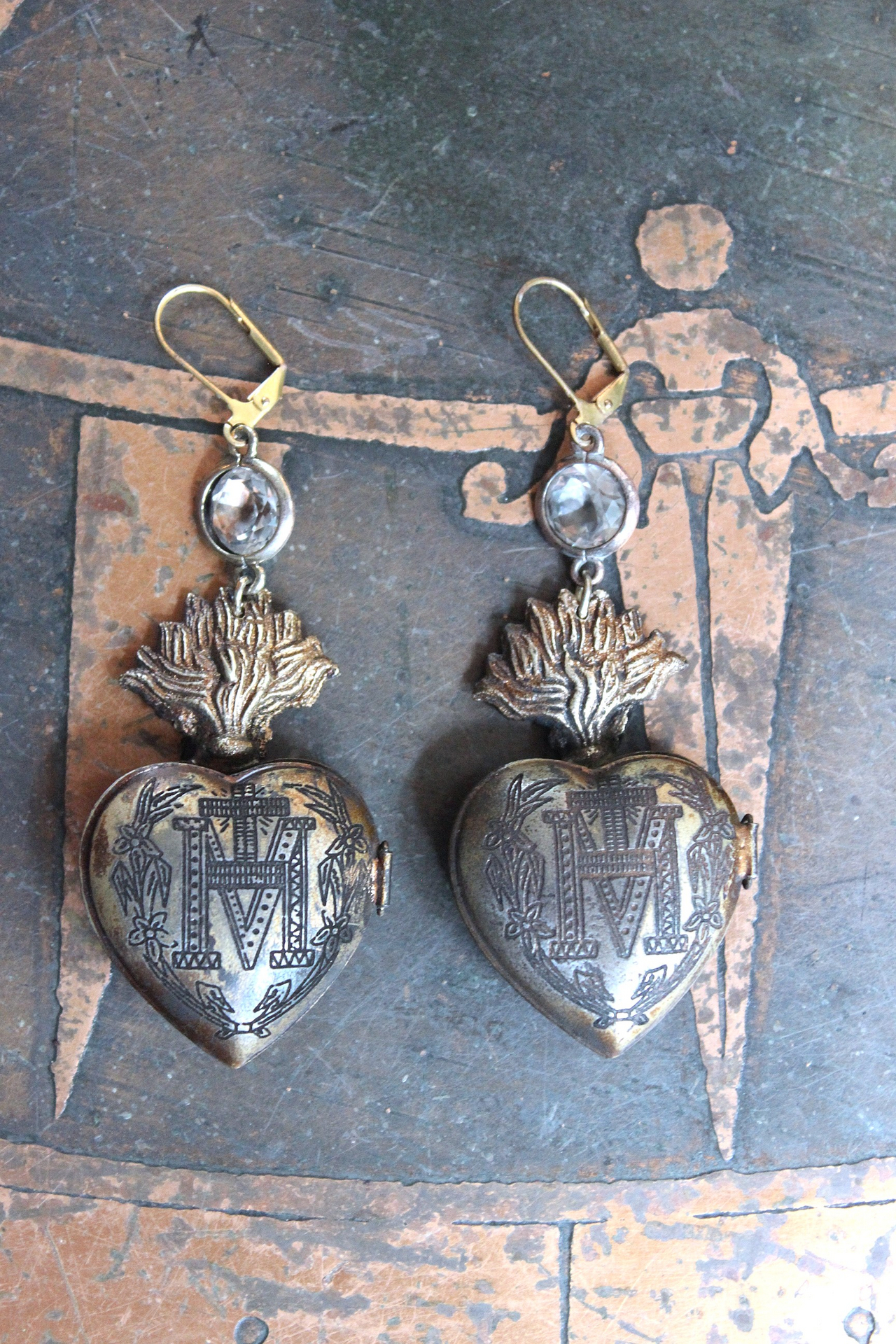 NEW! Vintage Ave Maria Flaming Sacred Heart Ex Voto Locket Earrings with Bezel Set Pointed Back Crystal Connectors