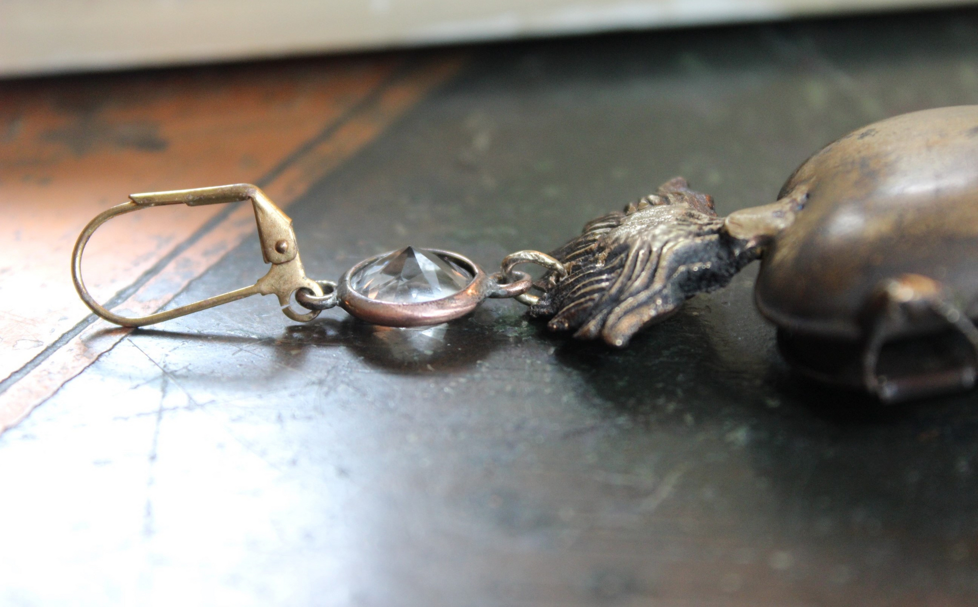 NEW! Vintage Ave Maria Flaming Sacred Heart Ex Voto Locket Earrings with Bezel Set Pointed Back Crystal Connectors