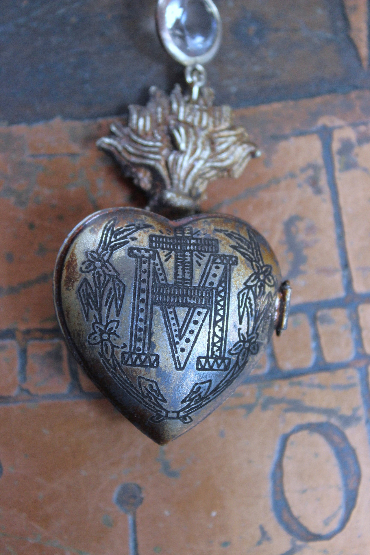 NEW! Vintage Ave Maria Flaming Sacred Heart Ex Voto Locket Earrings with Bezel Set Pointed Back Crystal Connectors